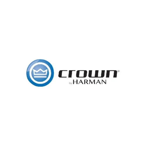 Logotipo de Crown por Harman, con un círculo azul y una corona estilizada dentro, junto al texto 'Crown by Harman'.