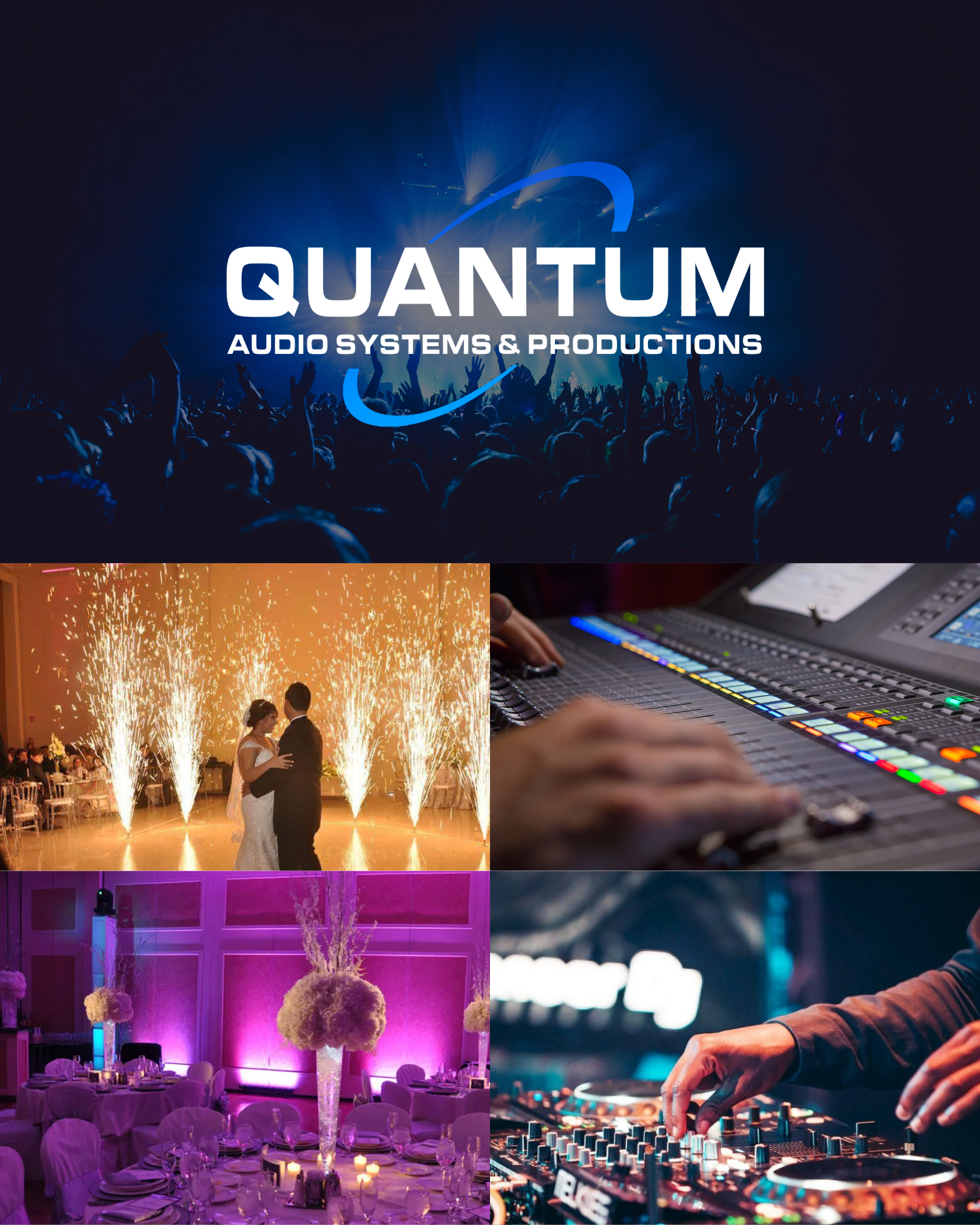 Un collage que muestra un concierto con un público y un escenario con luces, fuegos artificiales en una boda, una mesa decorada con flores en tonos púrpuras y un DJ manejando equipo de sonido.