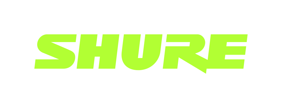 Logotipo de la marca SHURE en letras verdes.
