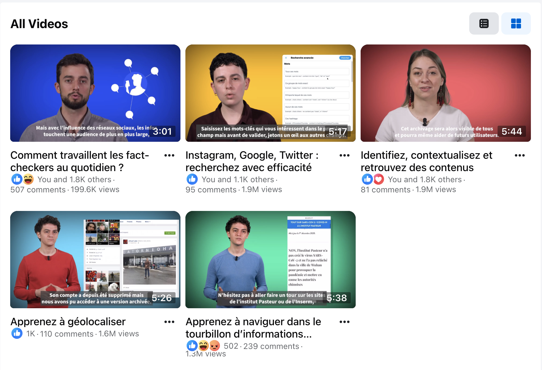 Screenshot of a video content library with six video thumbnails, showing people presenting in various settings, each with French titles and captions.