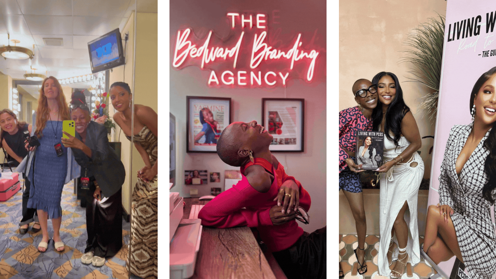 Yasmine Bedward with Carlee Princell, Sarah Slutsky Tooley, Renee Elise Goldsberry backstage at the Tony Awards and Candice Bolden at her LA book launch