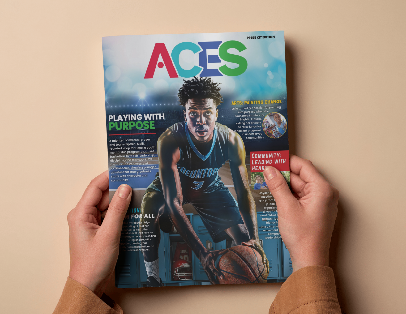 A person holding a colorful magazine with a basketball player on the cover, featuring various articles about community and arts.