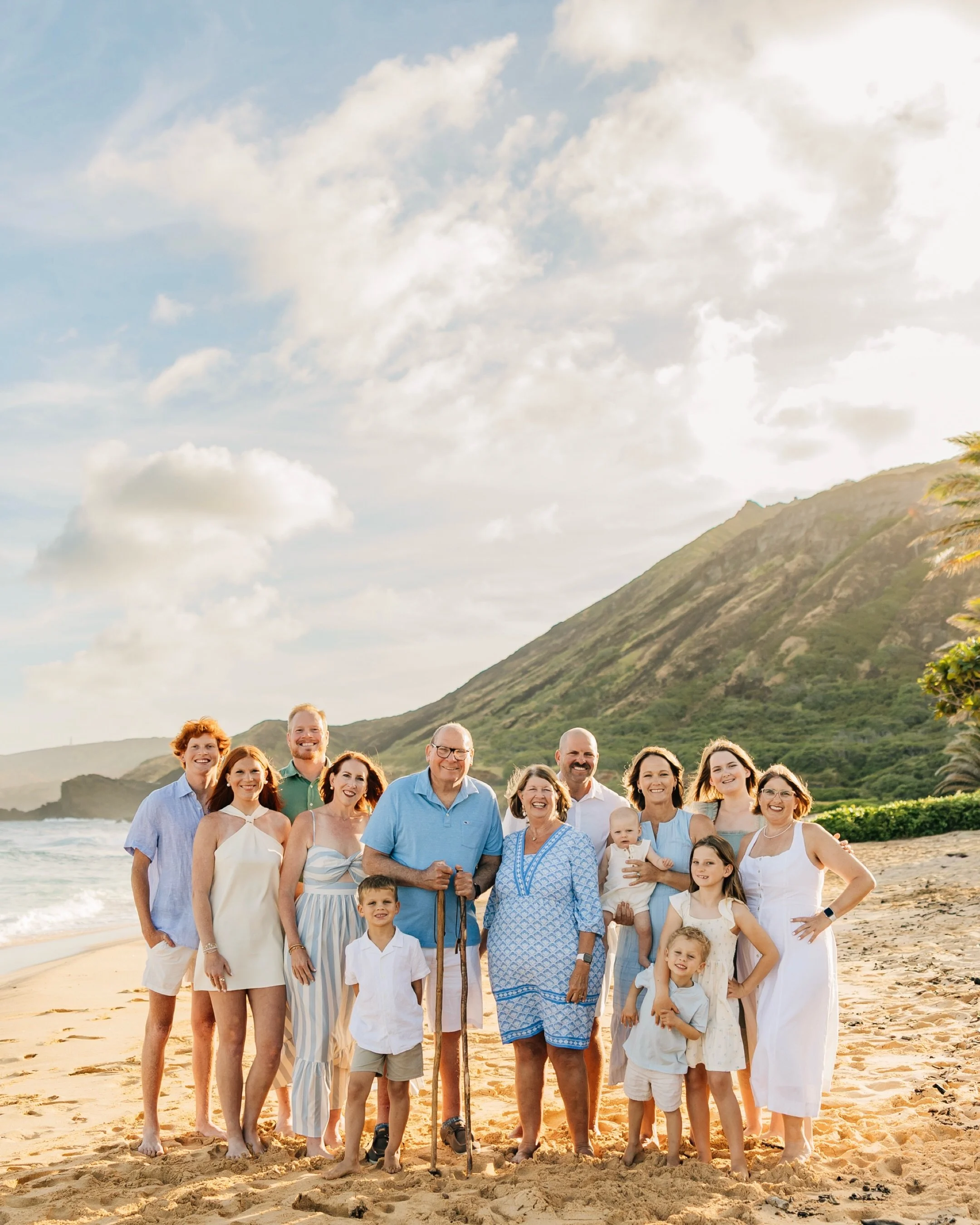 Golden hour, three generations, sandy toes, and memories that will be talked about long after the vacation ends. 

One of my favorite things about photographing extended families in Hawaiʻi is capturing the people who started it all alongside the gen