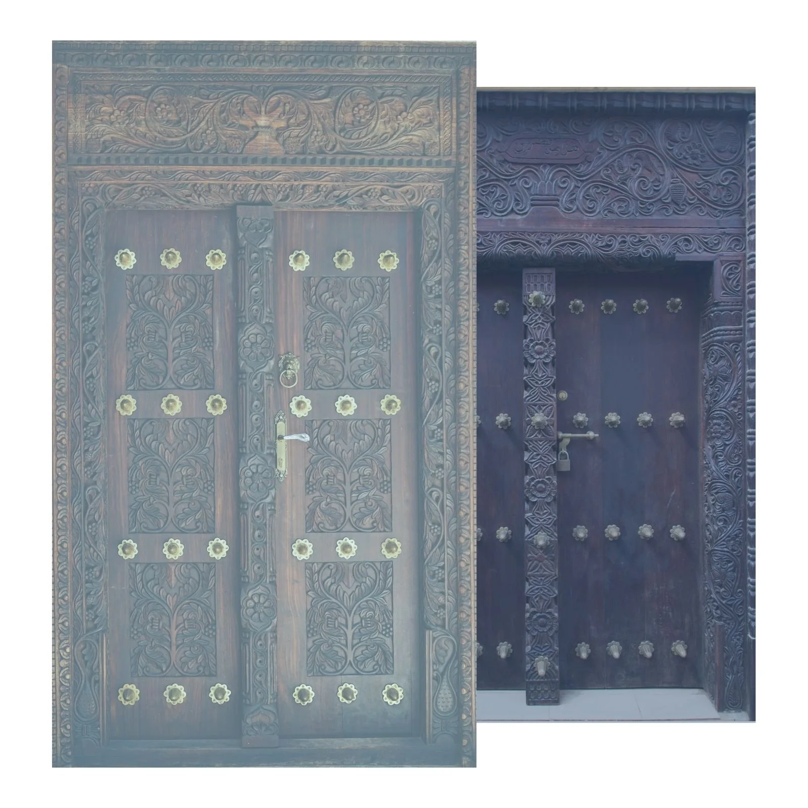 Two intricately carved wooden doors with floral and geometric patterns, adorned with decorative metal accents and locks.