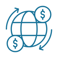 Icon of a globe with dollar signs and arrows circling around it, representing global financial exchange or international economy.