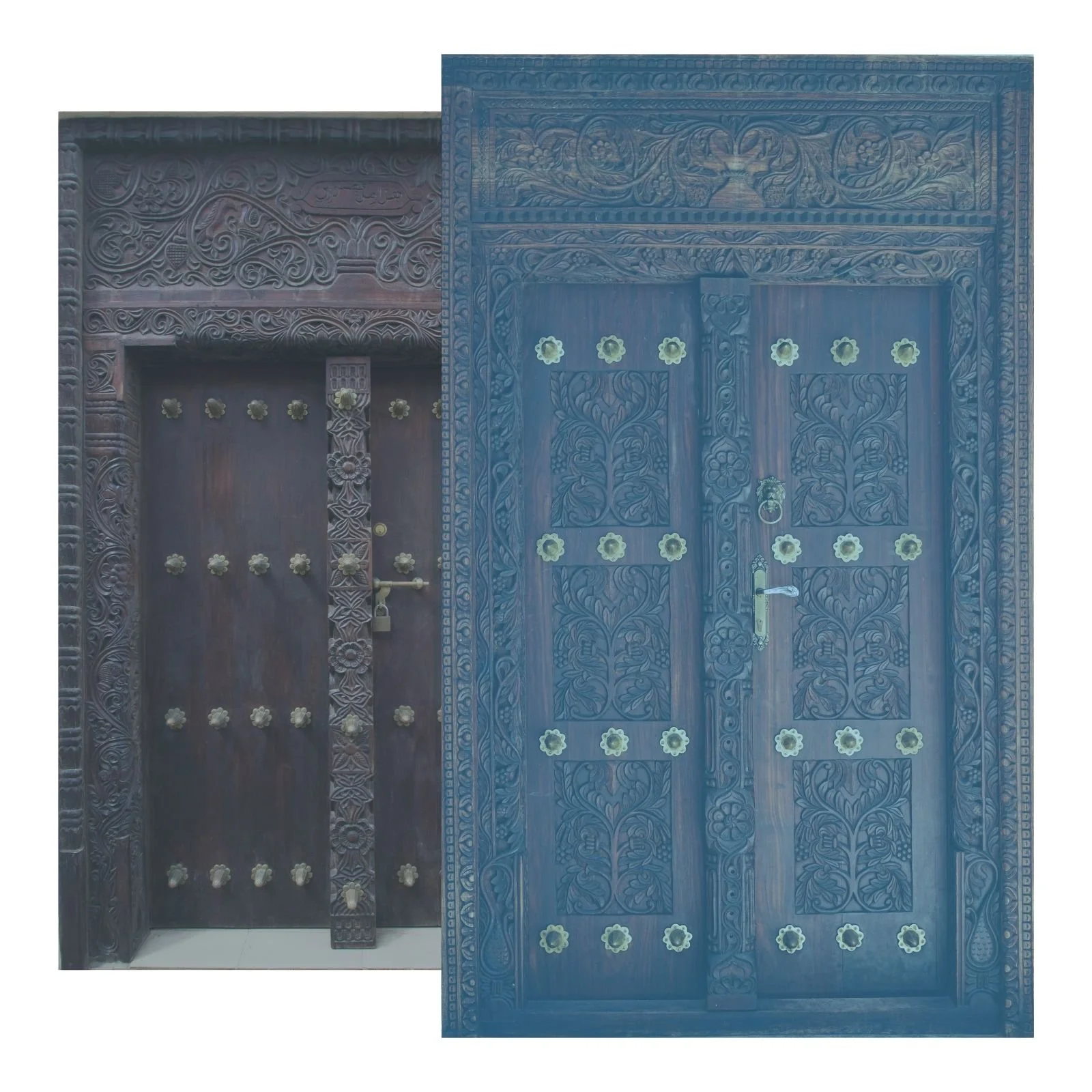 Two intricately carved wooden doors with decorative metal studs, one in dark brown and the other in blue, featuring detailed floral and scroll patterns.