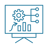 Icon of a presentation screen displaying a gear, connected nodes, and bar graphs, symbolizing data analysis or technology.