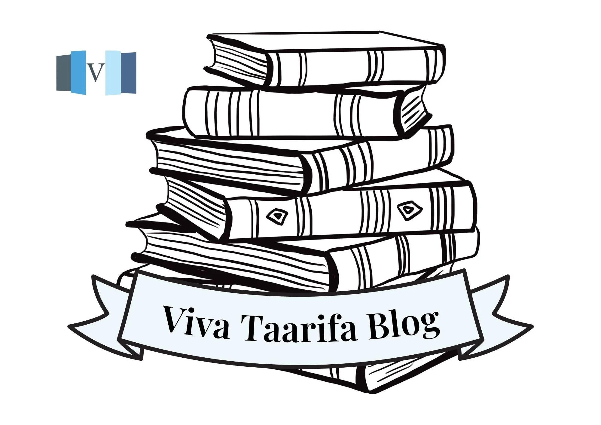 Illustration of a stack of black-and-white books with a banner that reads 'Viva Taarifa Blog' and a logo with three blue books in the top left corner.