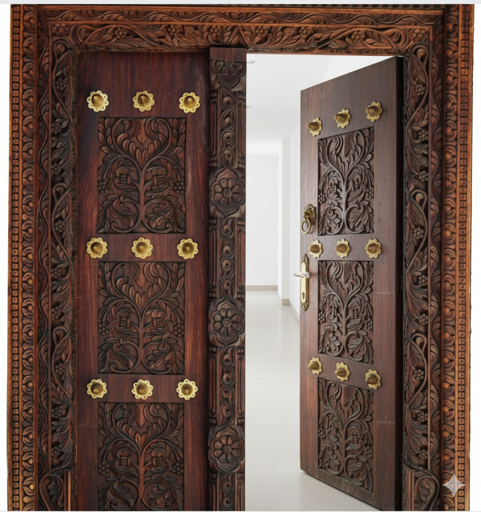 A pair of ornately carved wooden doors with floral and vine designs, featuring brass hardware, opening into a white hallway.