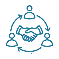 Icon of a handshake surrounded by a circular diagram with three figure icons representing people, indicating teamwork or collaboration.