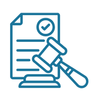Icon of a document with a checkmark and a hammer indicating legal or approval process
