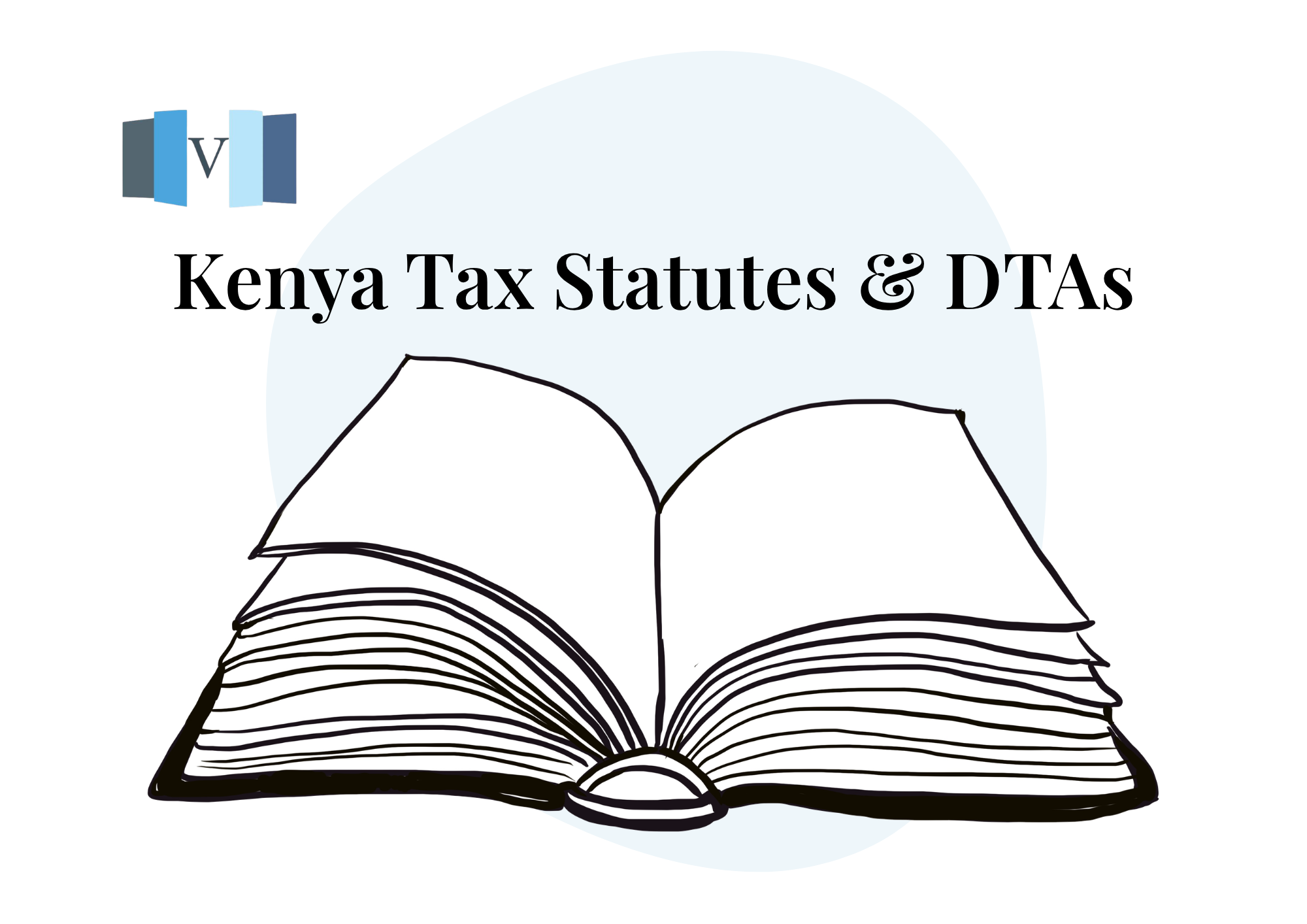 Cover page with the title 'Kenya Tax Statues & DTAs,' a logo at the top left corner, and a simple black line drawing of an open book.