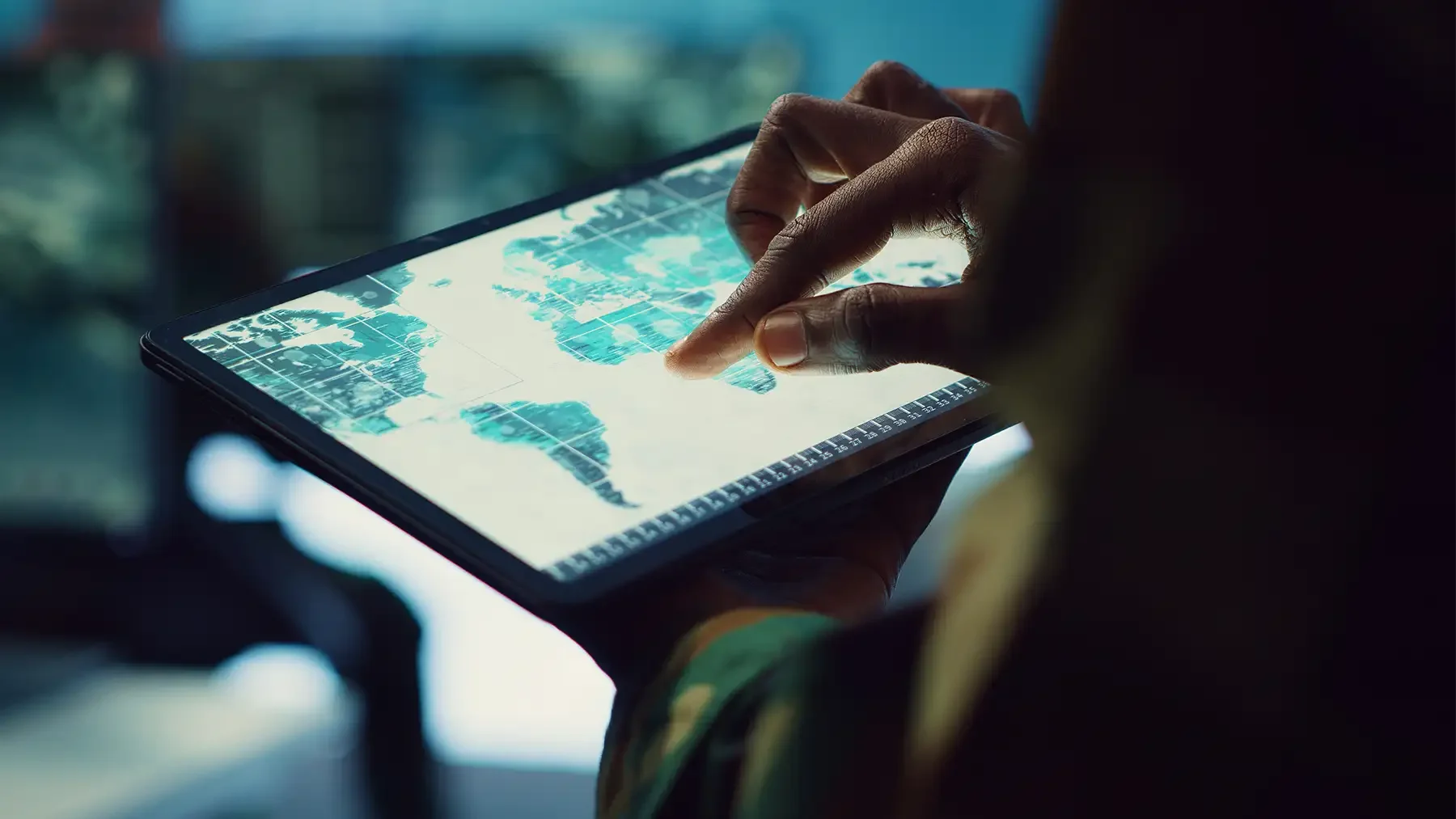 Person using a tablet to view a digital map or chart with a world map displayed.