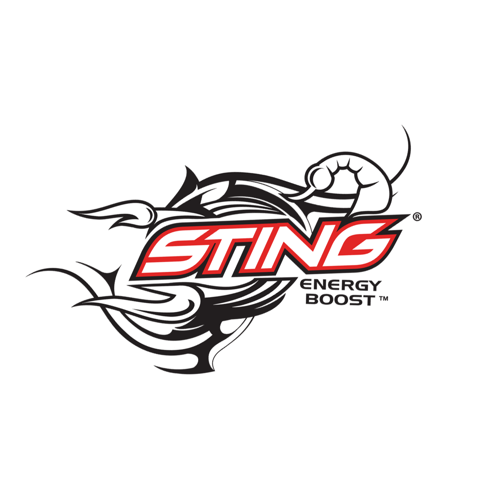 Logo for Sting Energy Boost, featuring a black fish with white accents and the word 'STING' in bold red and white letters.