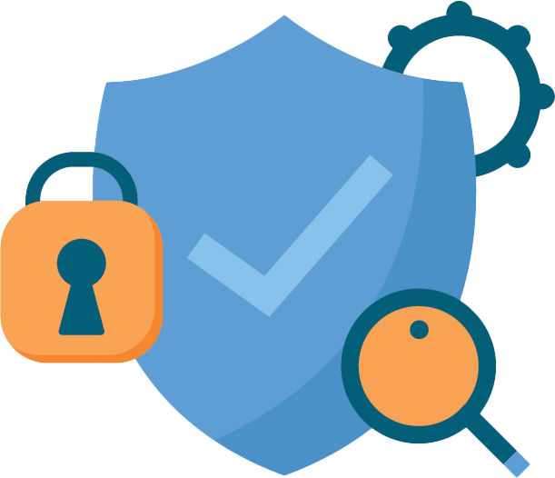 Scudo con marcatore di verifica, lucchetto e ingranaggio rappresentano sicurezza, privacy e tecnologia.