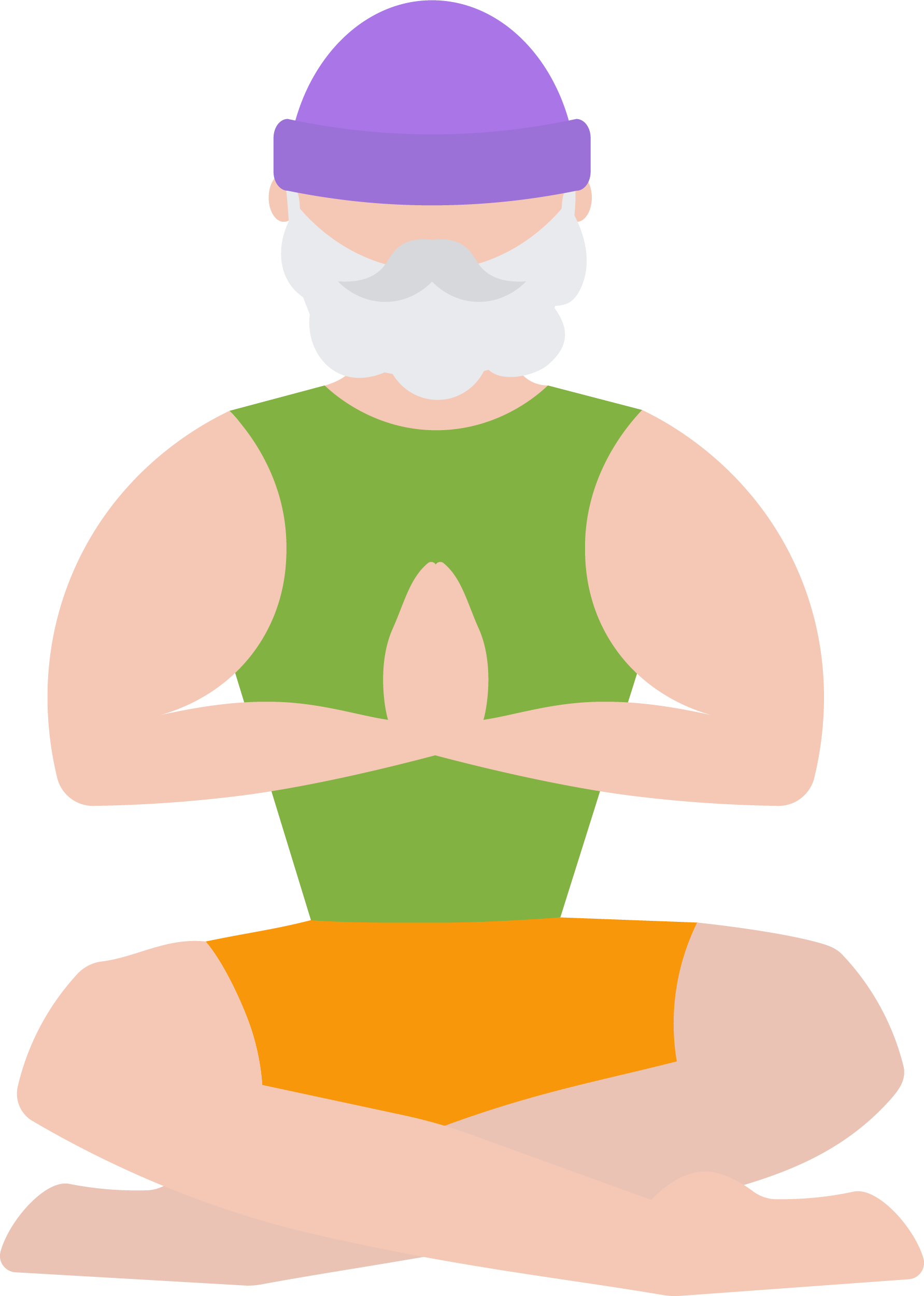 Illustration of a person in a yoga pose, with an orange top, green shorts, a purple headband, and a white beard, sitting cross-legged with arms resting on knees.