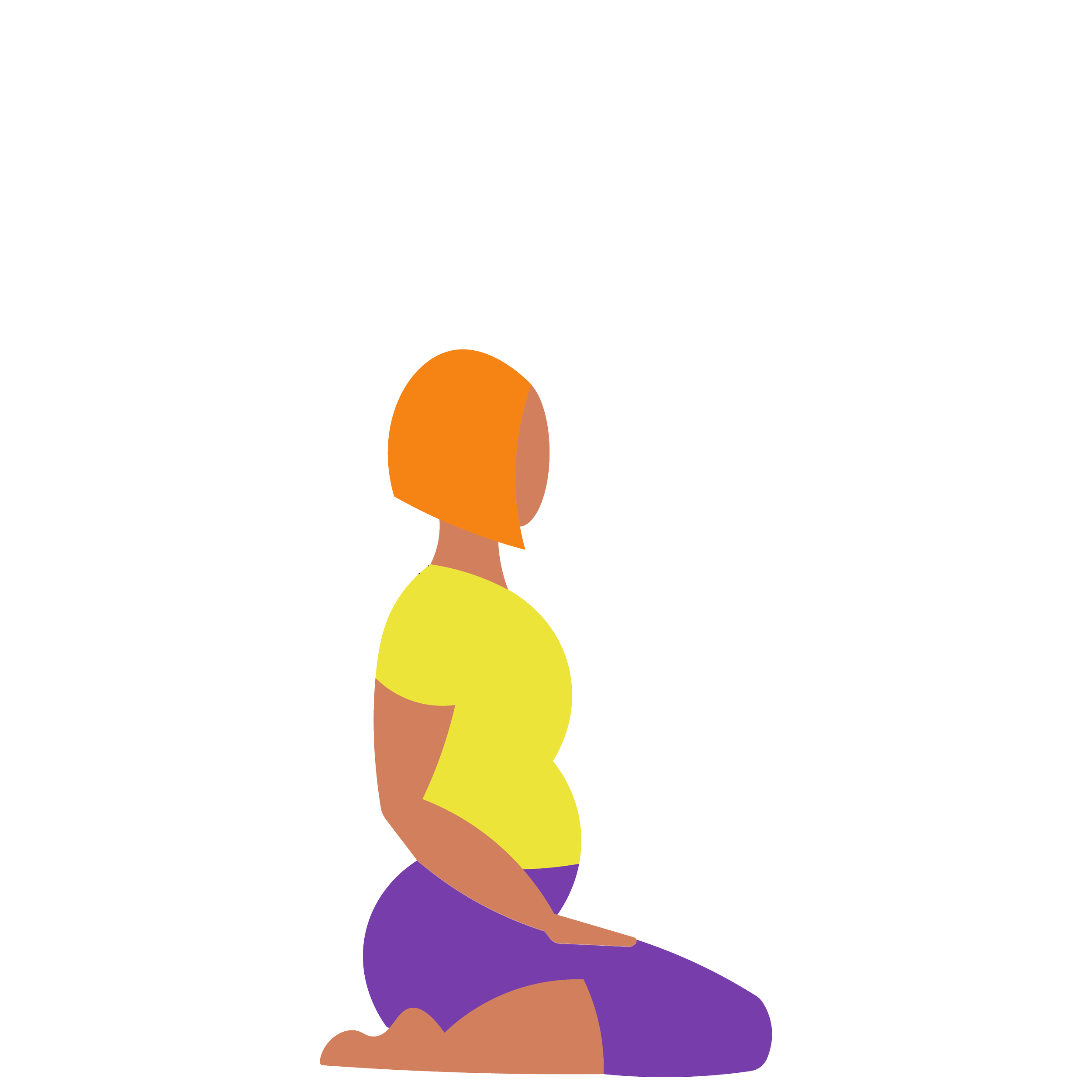 A drawn woman with orange hair in a ponytail, wearing a yellow shirt and purple pants, is sitting cross-legged on the floor, facing a large whiteboard with a projection screen showing charts and graphs.