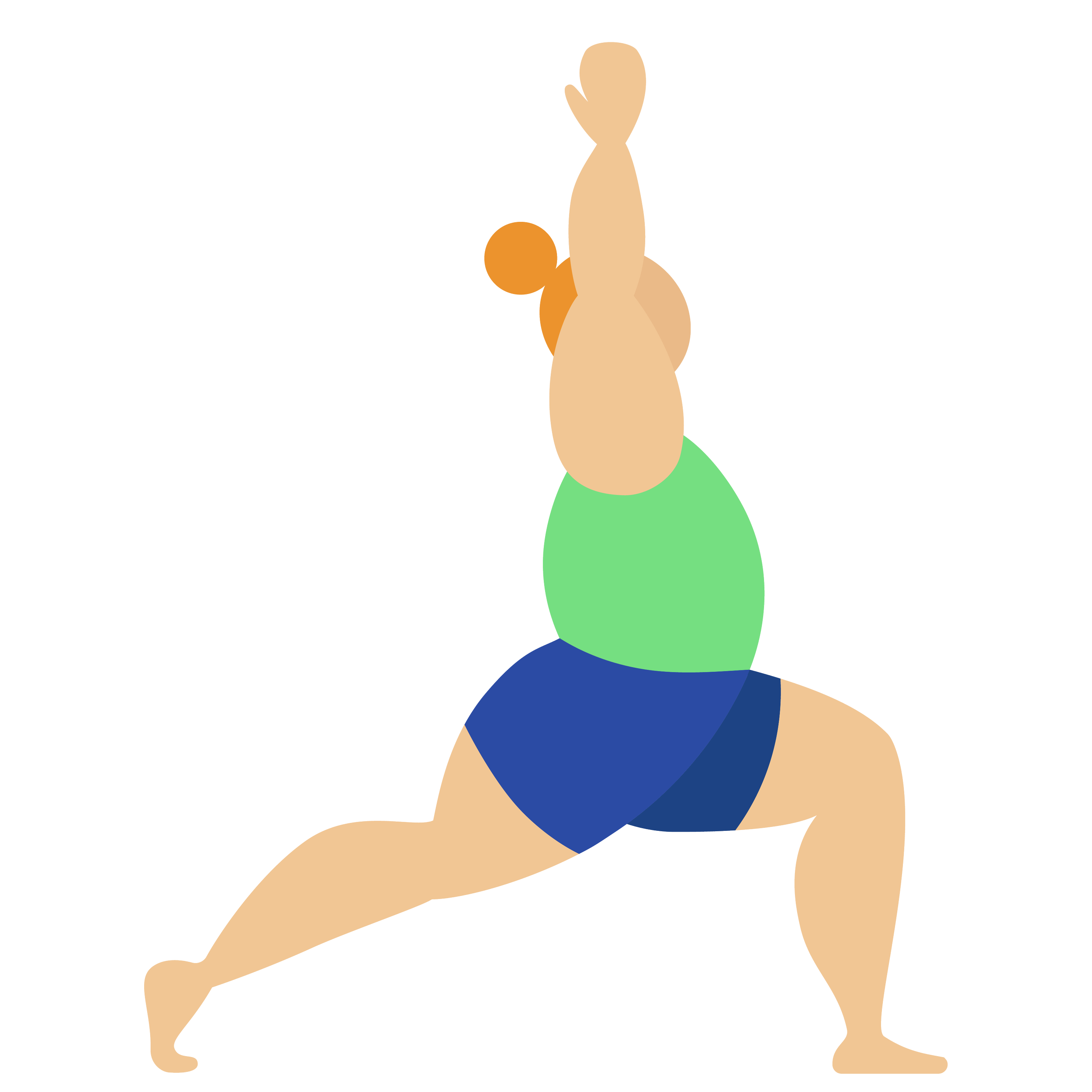 Person doing yoga pose on a mat, wearing a green top and blue shorts, with one leg stretched out to the side and hands in a prayer position.