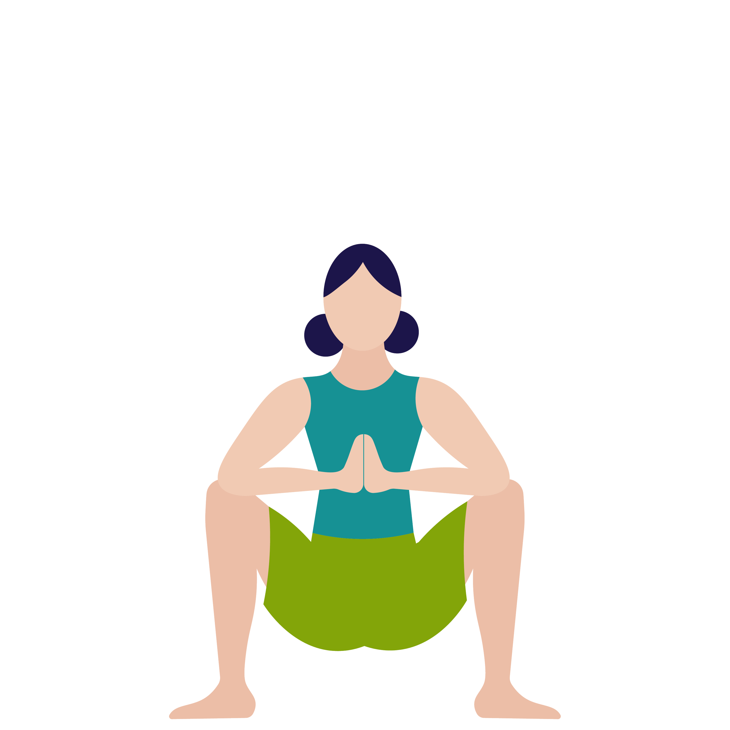 An animated cartoon woman with dark blue hair, wearing a teal sleeveless top and green shorts, standing with arms crossed.