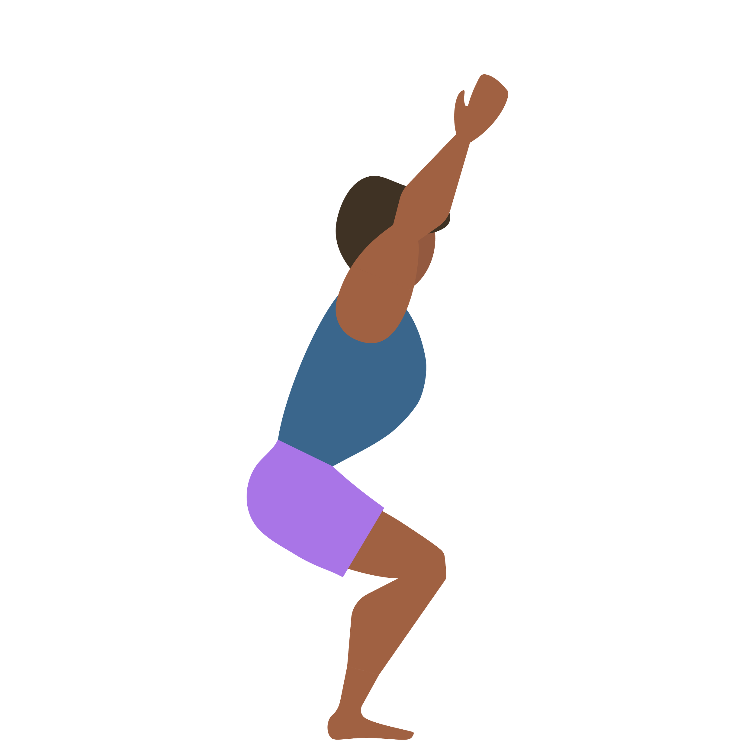 A cartoon illustration of a person with brown skin and dark hair, wearing a blue sleeveless top and purple shorts, holding a fork in one hand and a knife in the other, with their arm raised as if ready to eat.