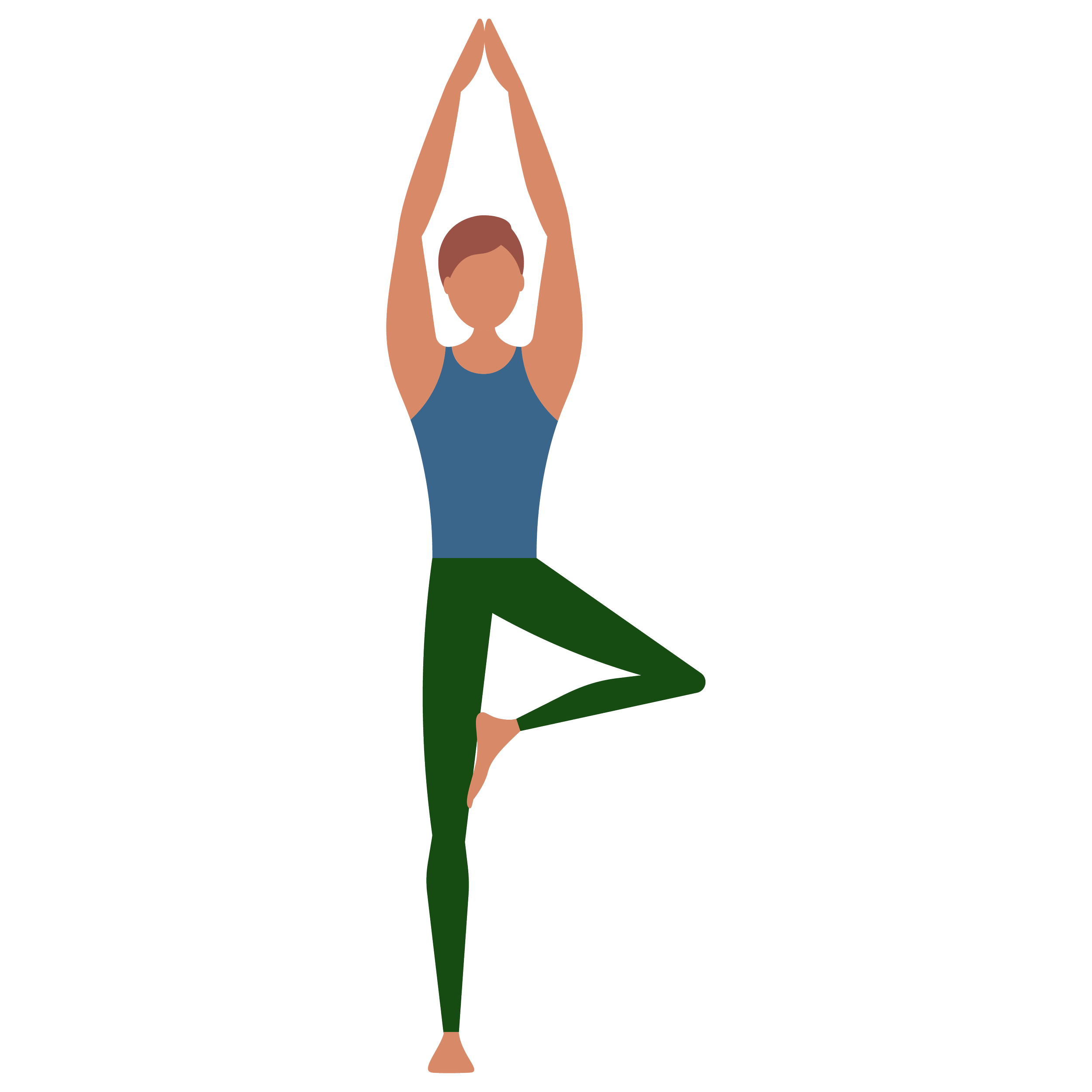 Illustration of a woman practicing yoga in a tree pose with arms raised above head, wearing a blue top and green pants.