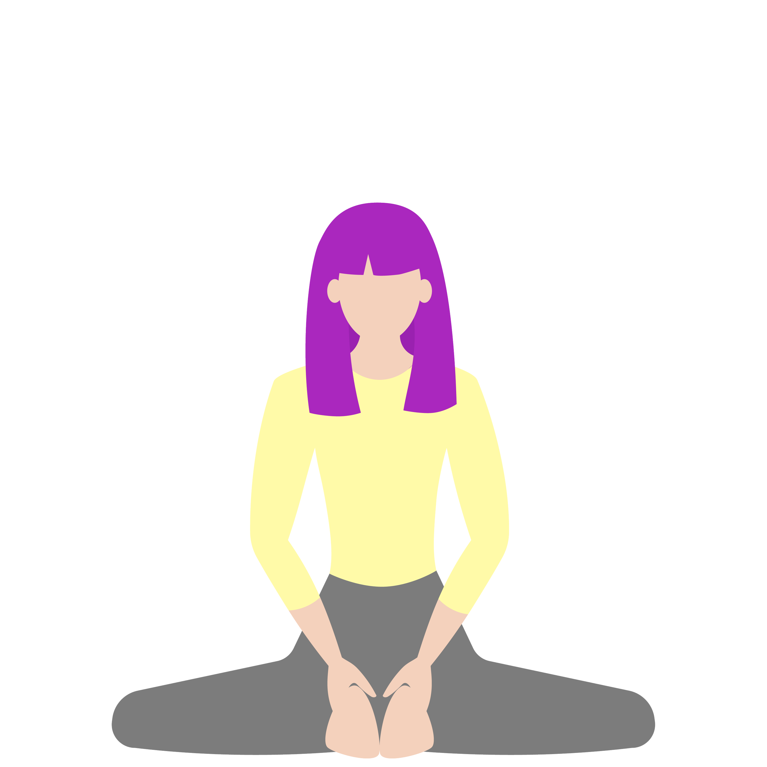 Illustration of a woman with purple hair, wearing a yellow shirt and gray pants, sitting at a desk with her hands clasped, with a black background.