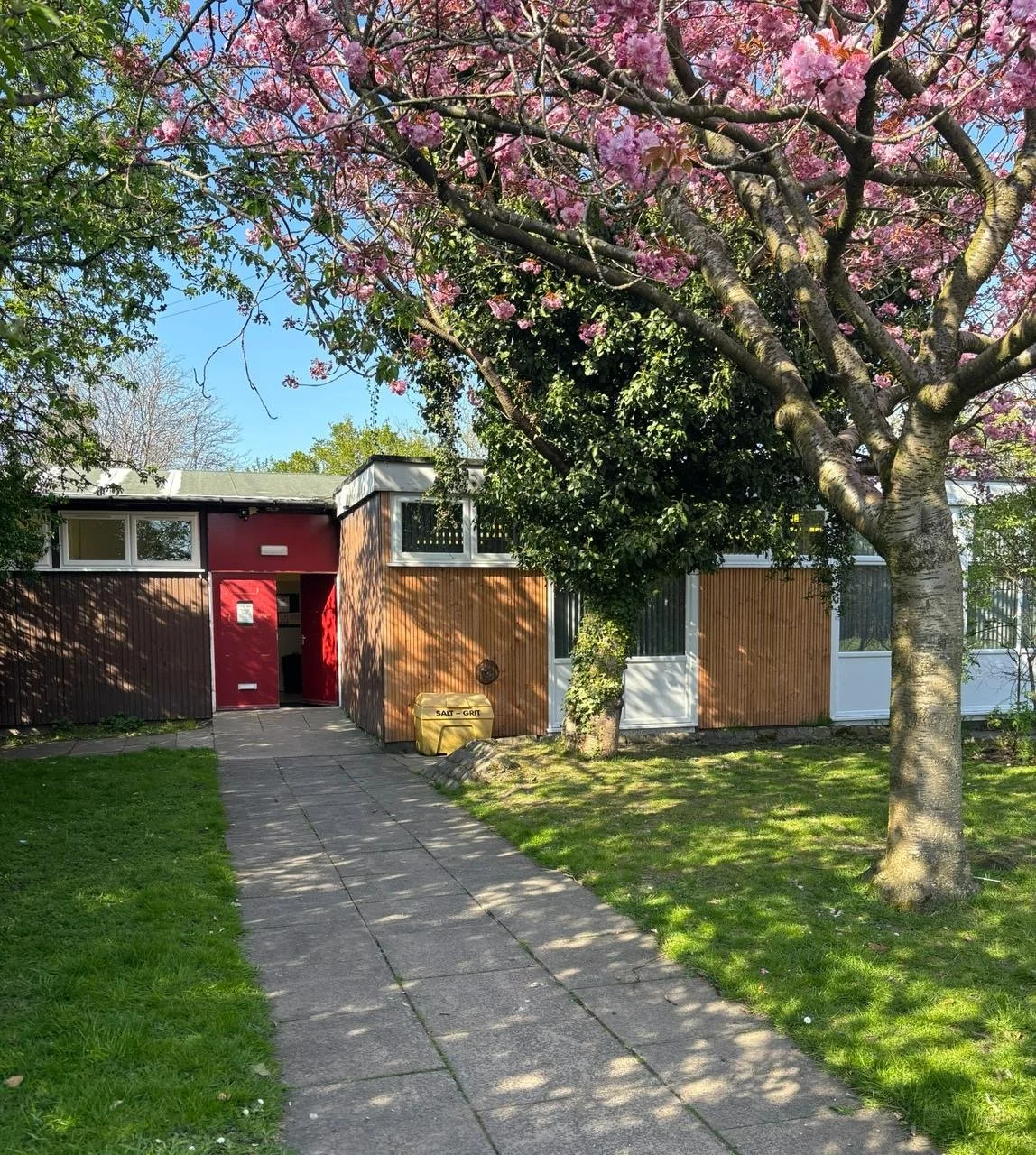 Colorful house with a pink door, surrounded by green grass and trees, with a pink flowering tree in the foreground.