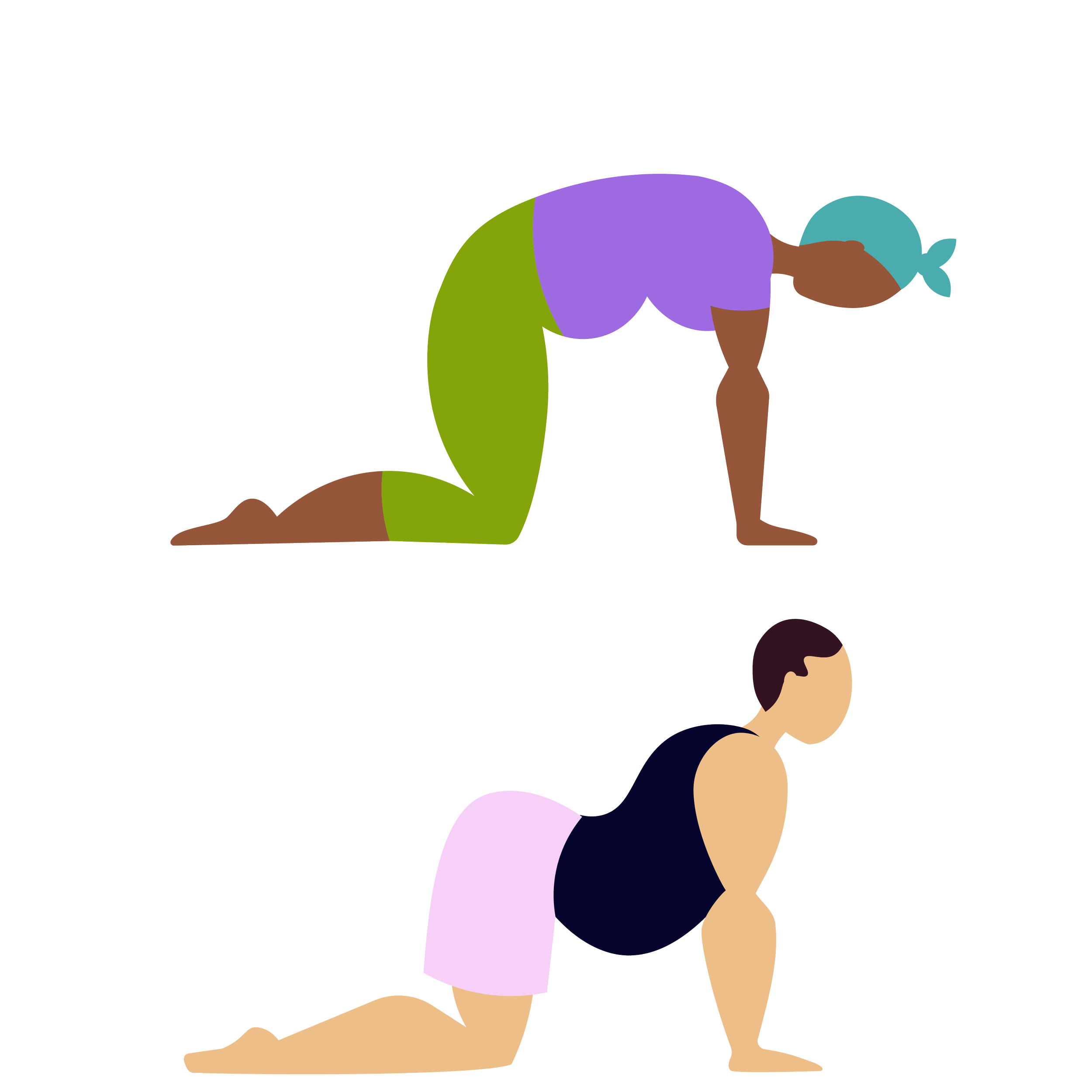 A cartoon illustration of a woman in a purple sports bra and shorts performing a plank exercise with a man in a black tank top and shorts supporting her by holding her ankles from behind.