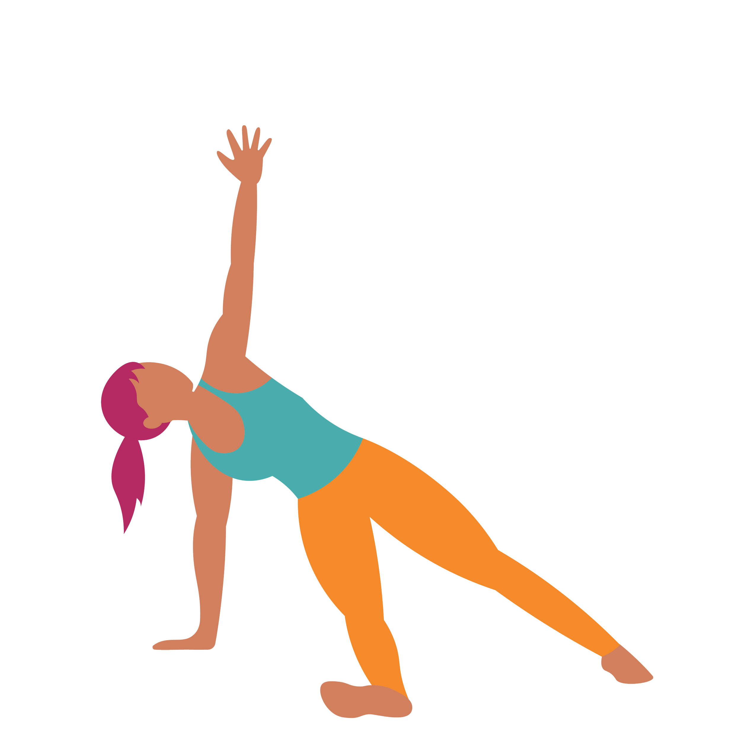 Illustration of a person performing a yoga pose, standing on one leg with the other leg bent and raised, arms extended upward with fingers spread, wearing a turquoise top and orange pants, with long pink hair tied back.