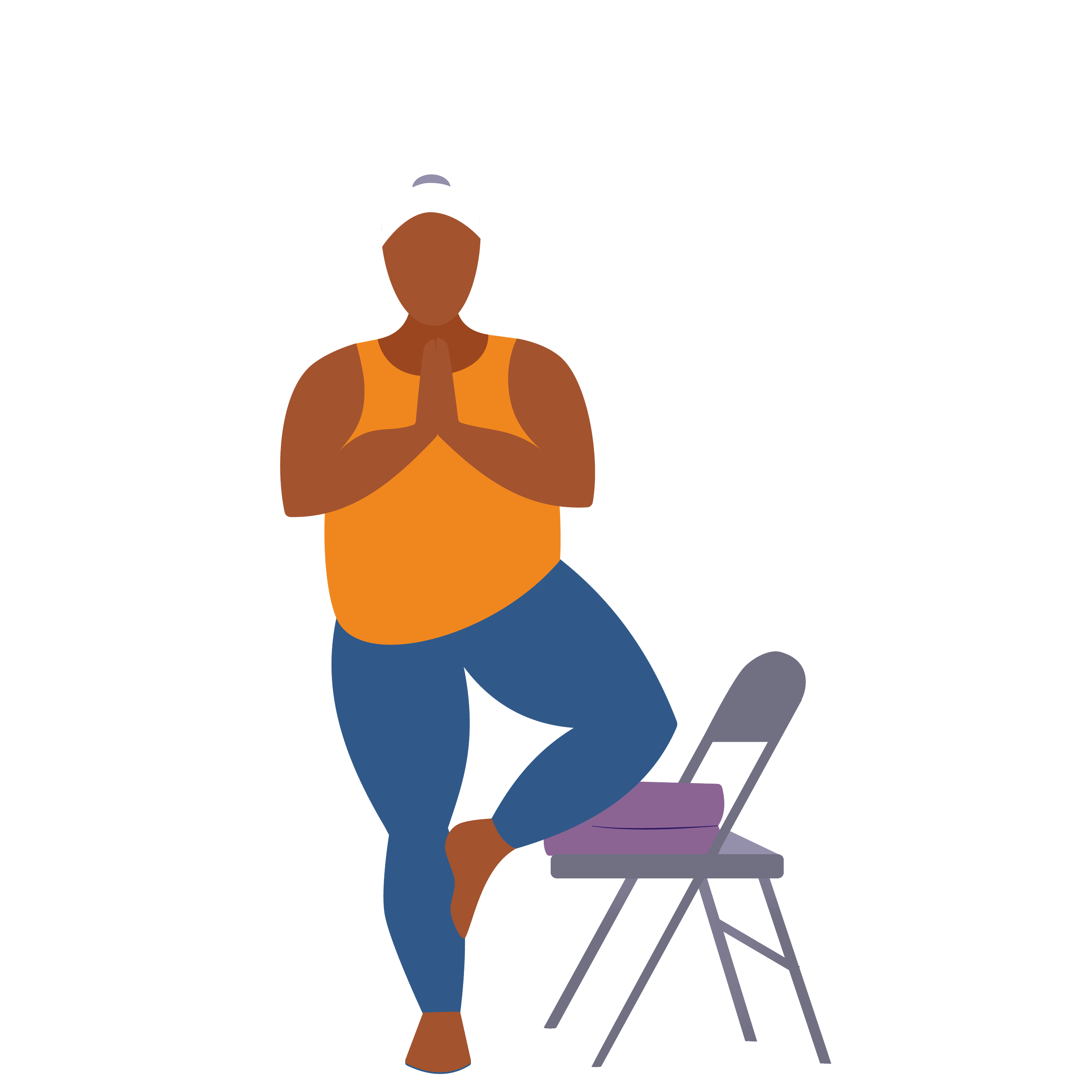 Illustration of a woman practicing yoga outdoors, standing in a prayer position with hands together, wearing an orange tank top and blue pants, with a background of trees and mountain scenery.
