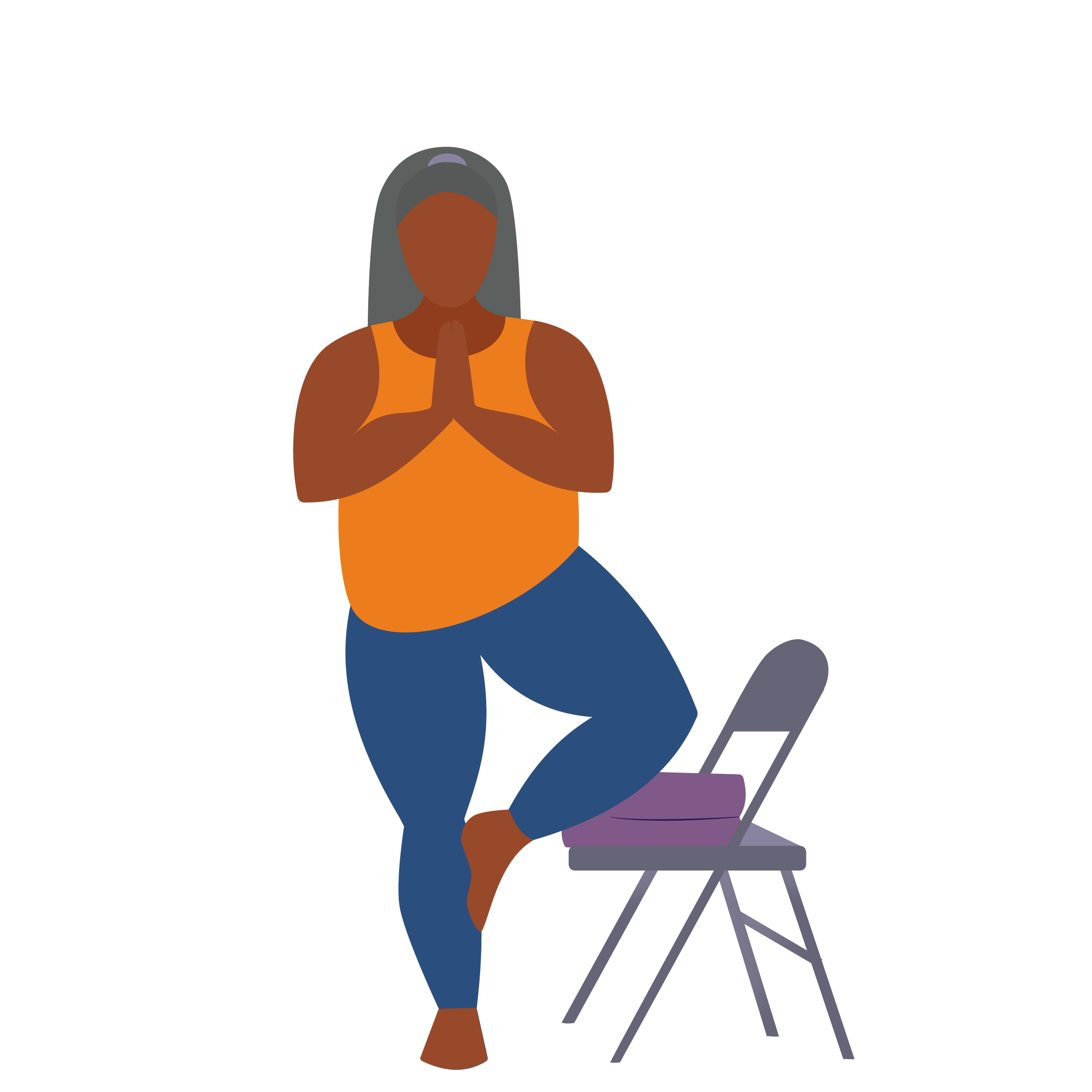 An illustration of a woman with gray hair tied back, wearing an orange sleeveless top, praying with hands clasped, standing next to a laptop on a table.