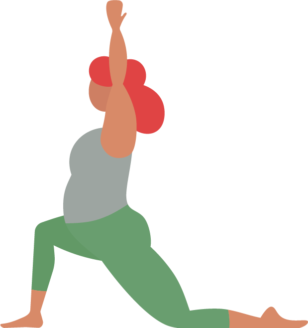 Illustration of a woman doing a yoga lunge pose with arms raised overhead.