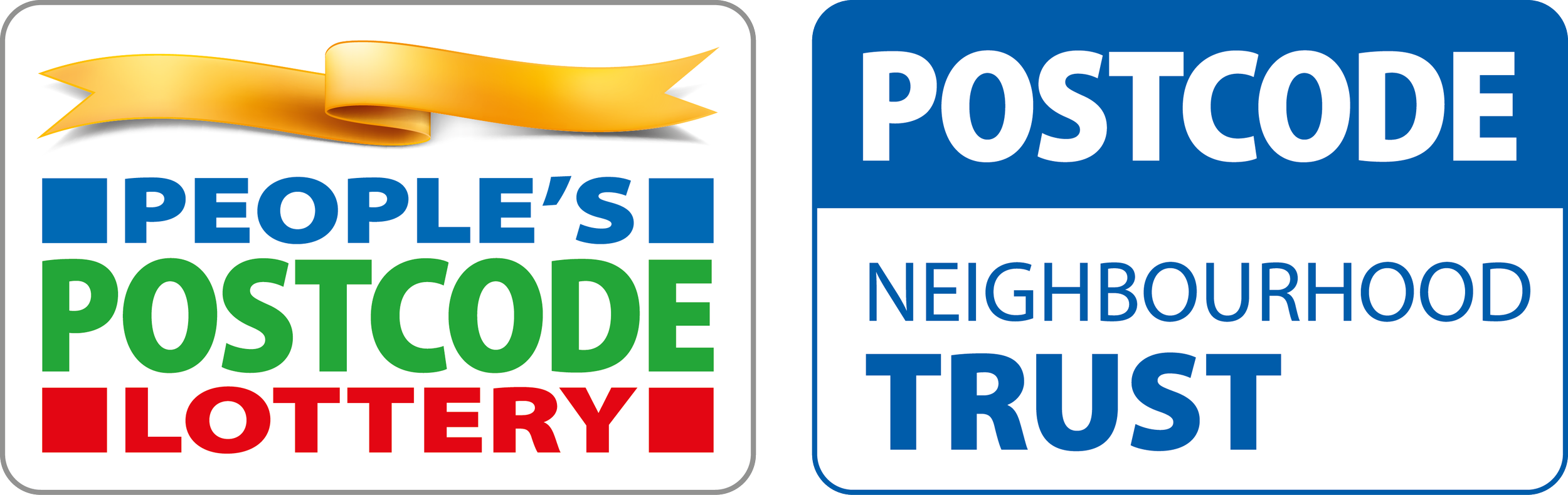 People's Postcode Lottery logo with a yellow ribbon and text in blue, green, and red, and a blue section with white text