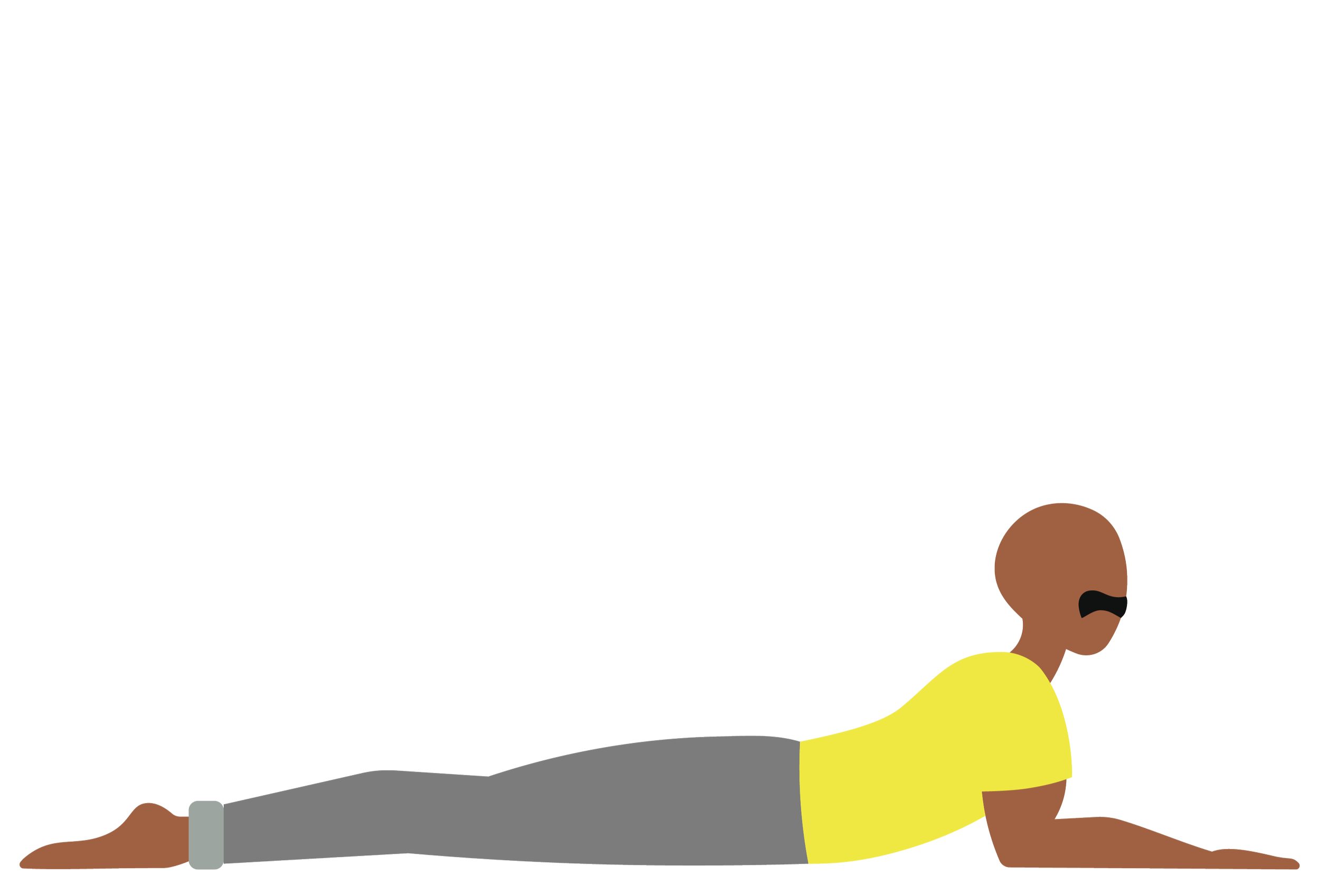 A person with brown skin and black hair in a yellow shirt and gray pants is lying on their stomach, reaching out with one arm, with a black and white striped background and red accents.