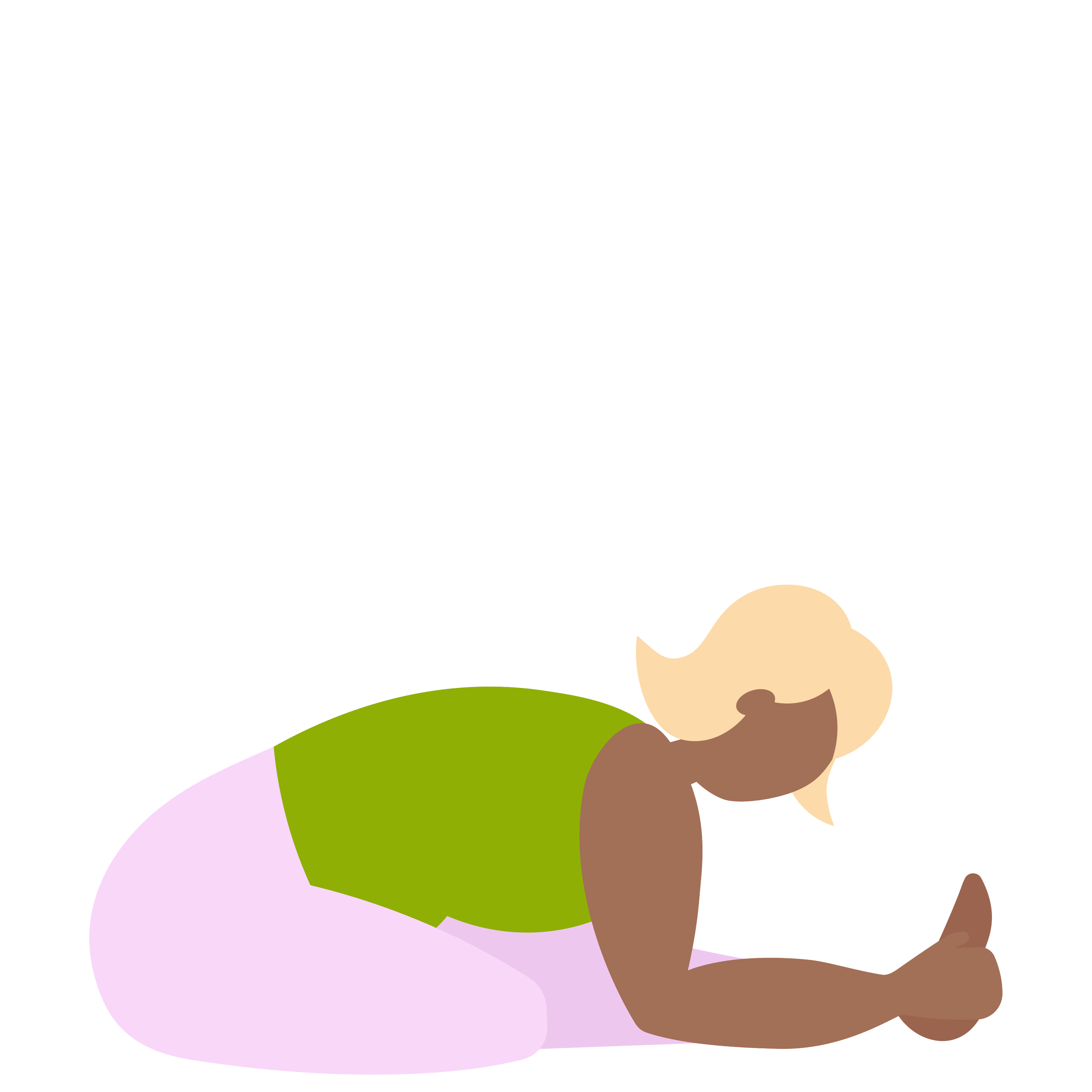 Illustration of a person with dark skin and curly hair, wearing a green top and pink bottom, sitting and smiling.