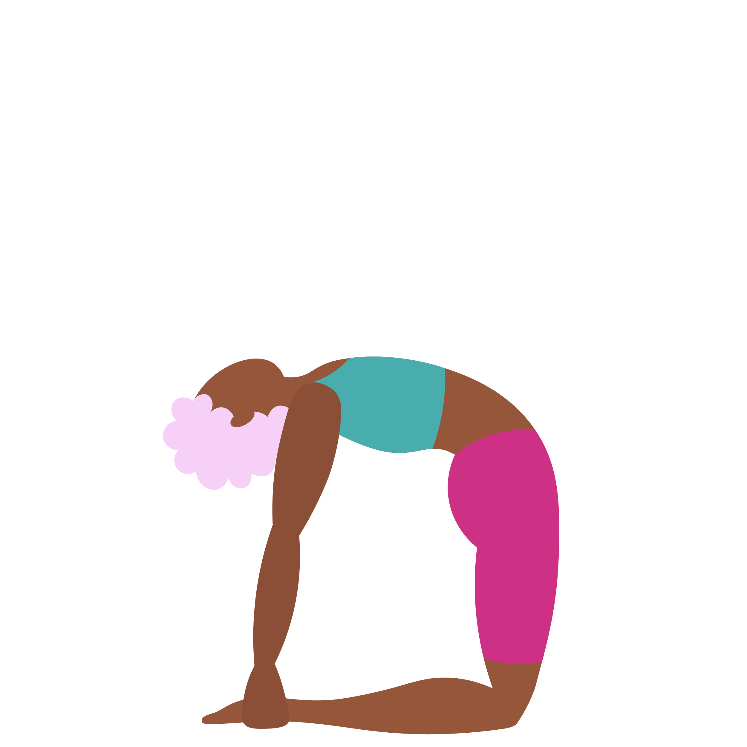 A cartoon illustration of a woman with dark skin, curly purple hair, performing a yoga pose in a teal sports bra and pink leggings on a white background.