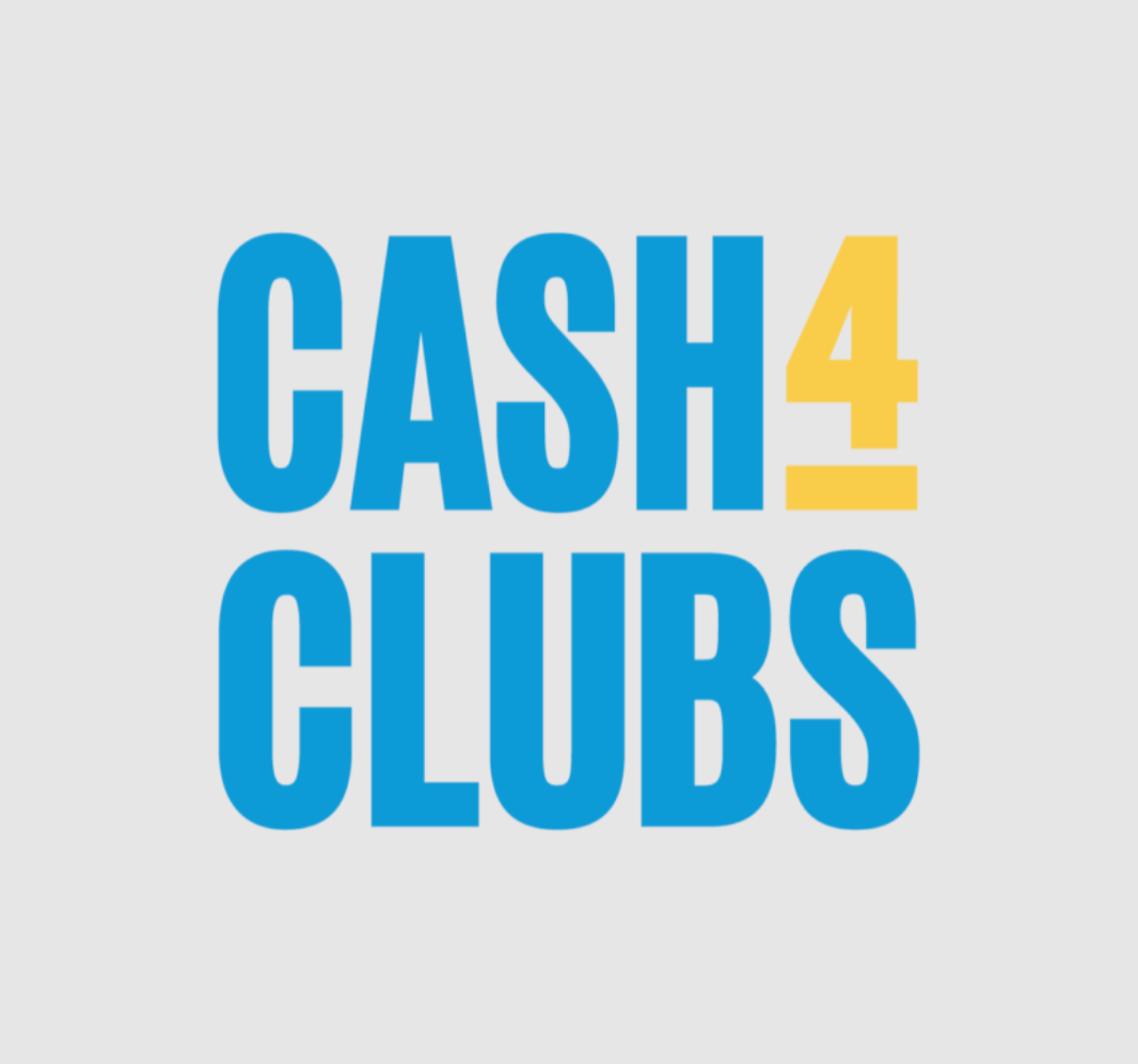 Graphic with bold blue and yellow text that says "CASH 4 CLUBS" on a light gray background.