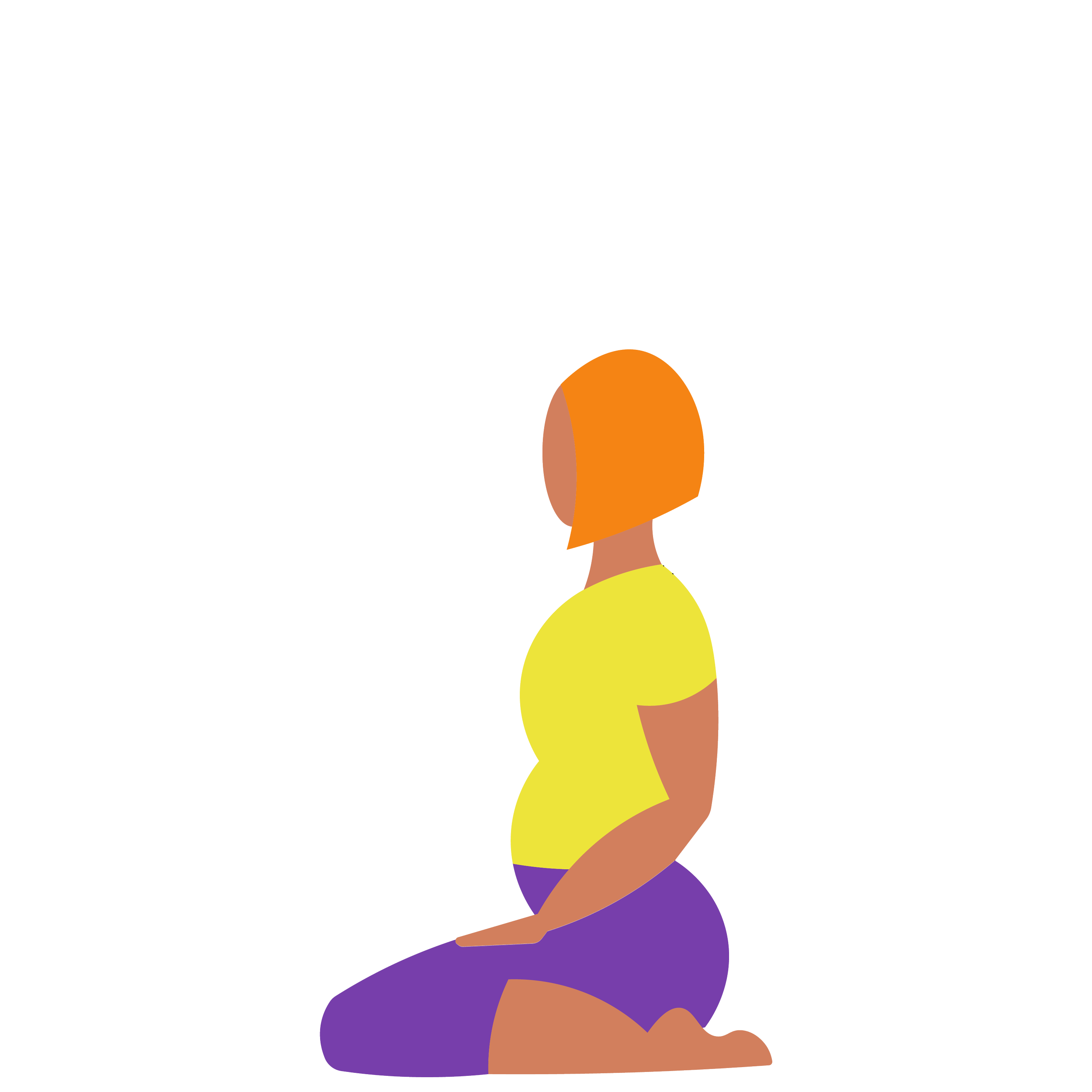 An illustration of a person with dark curly hair sitting cross-legged, wearing a yellow top and purple pants, facing sideways.