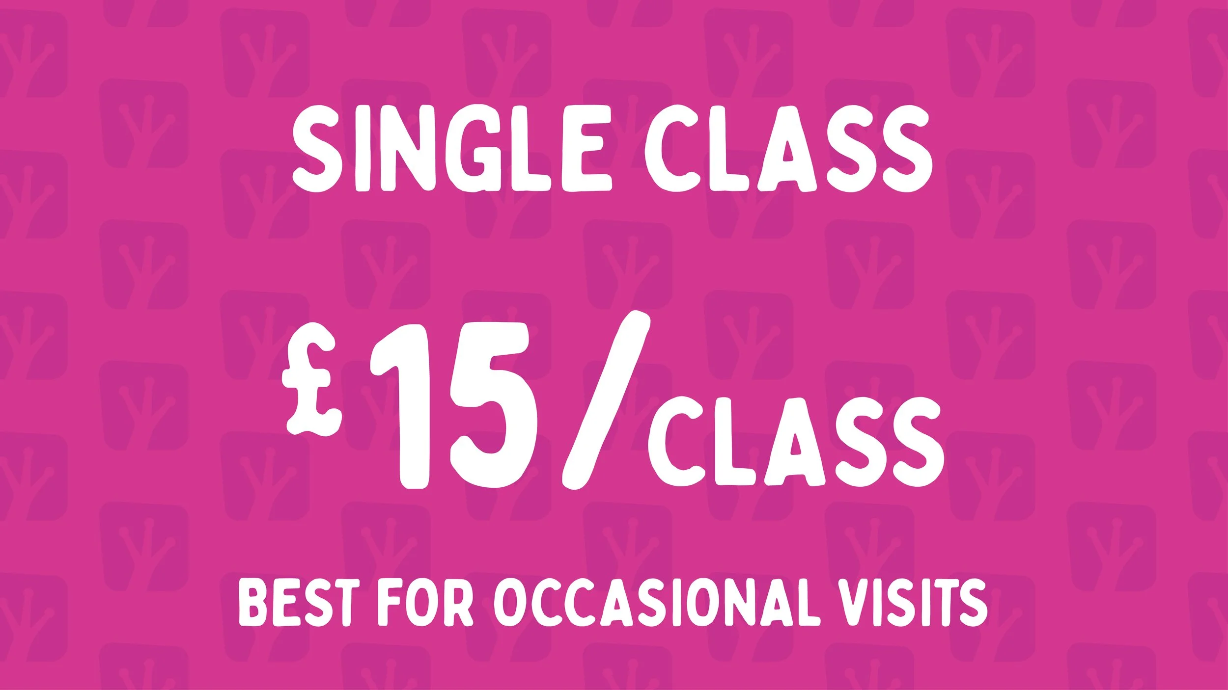 Pink background with a pattern of trees and shopping bags, displaying an advertisement for single class potato chips costing £15 per class, and mentioning that they are best for occasional visits.