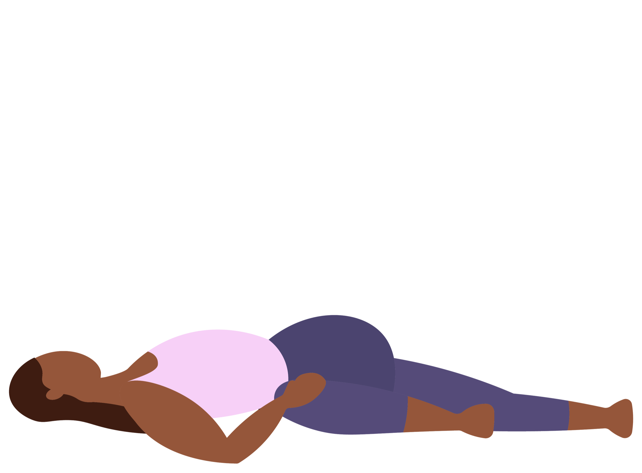 A digital illustration of a woman lying on the ground, appearing to be asleep. She has dark skin, purple hair, and is wearing a lavender top and dark pants. The background is black with scattered colorful orbs.