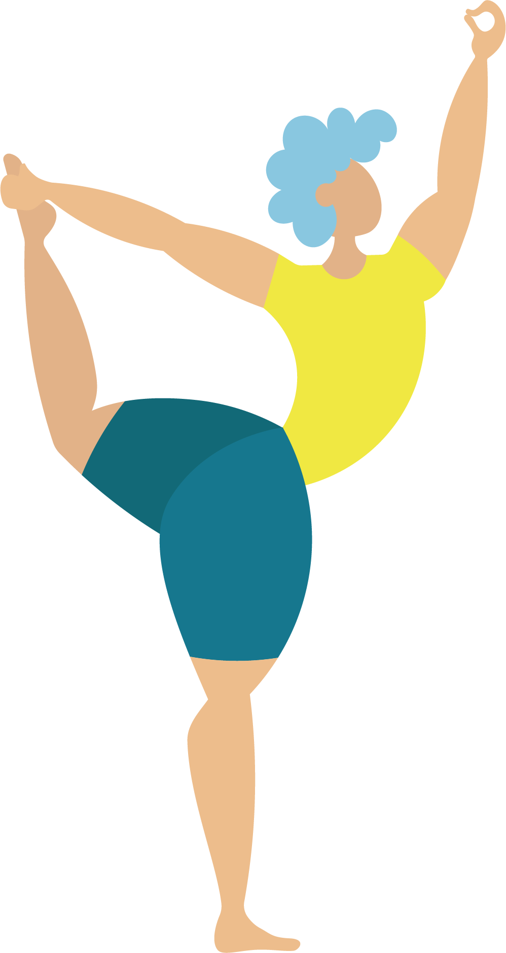 Illustration of a person with blue curly hair performing a yoga pose, standing on one leg with the other leg raised and held by one hand, and the other arm extended upward.