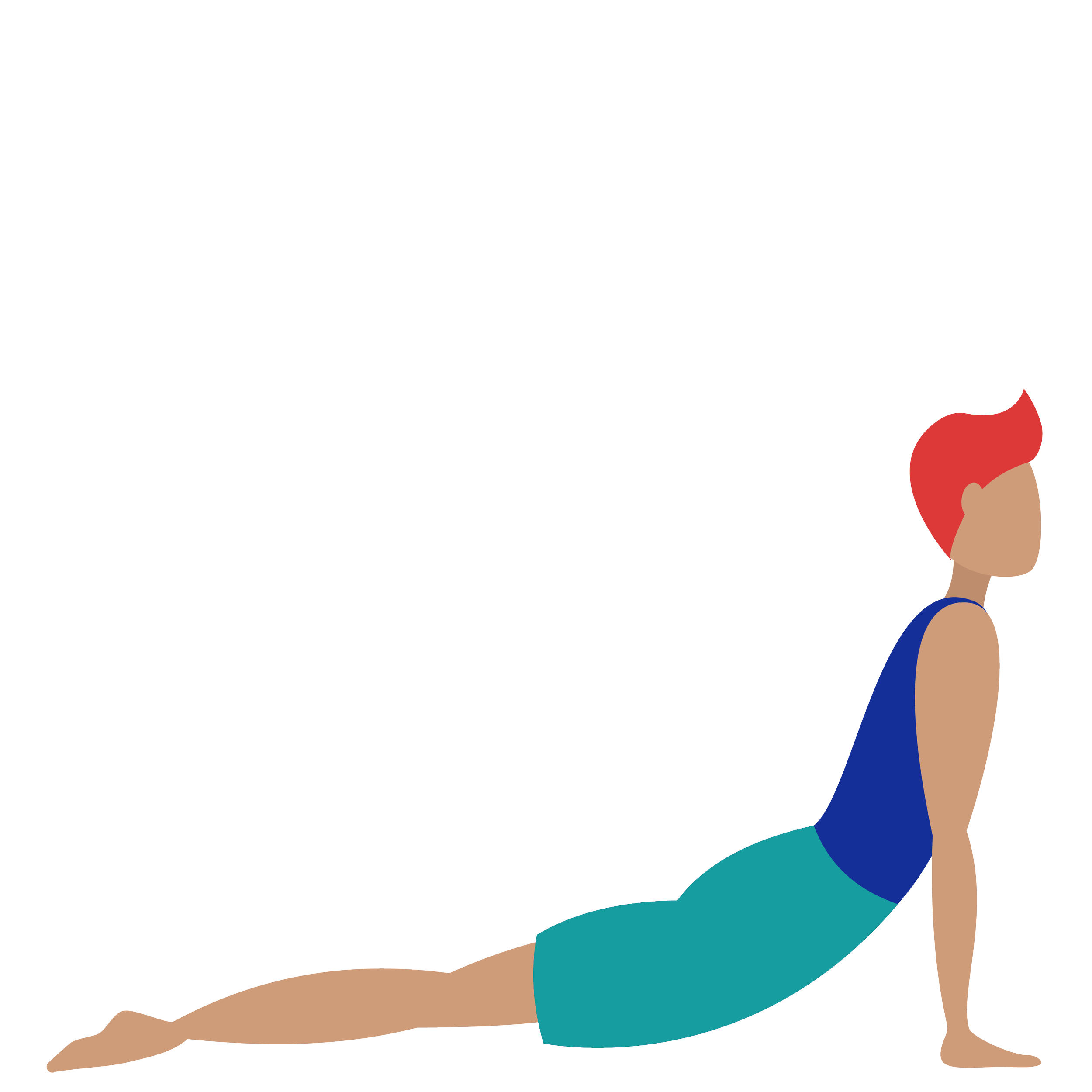 Illustration of a woman in a yoga pose, seated with legs extended and arms raised above her head, wearing a blue top and teal pants.