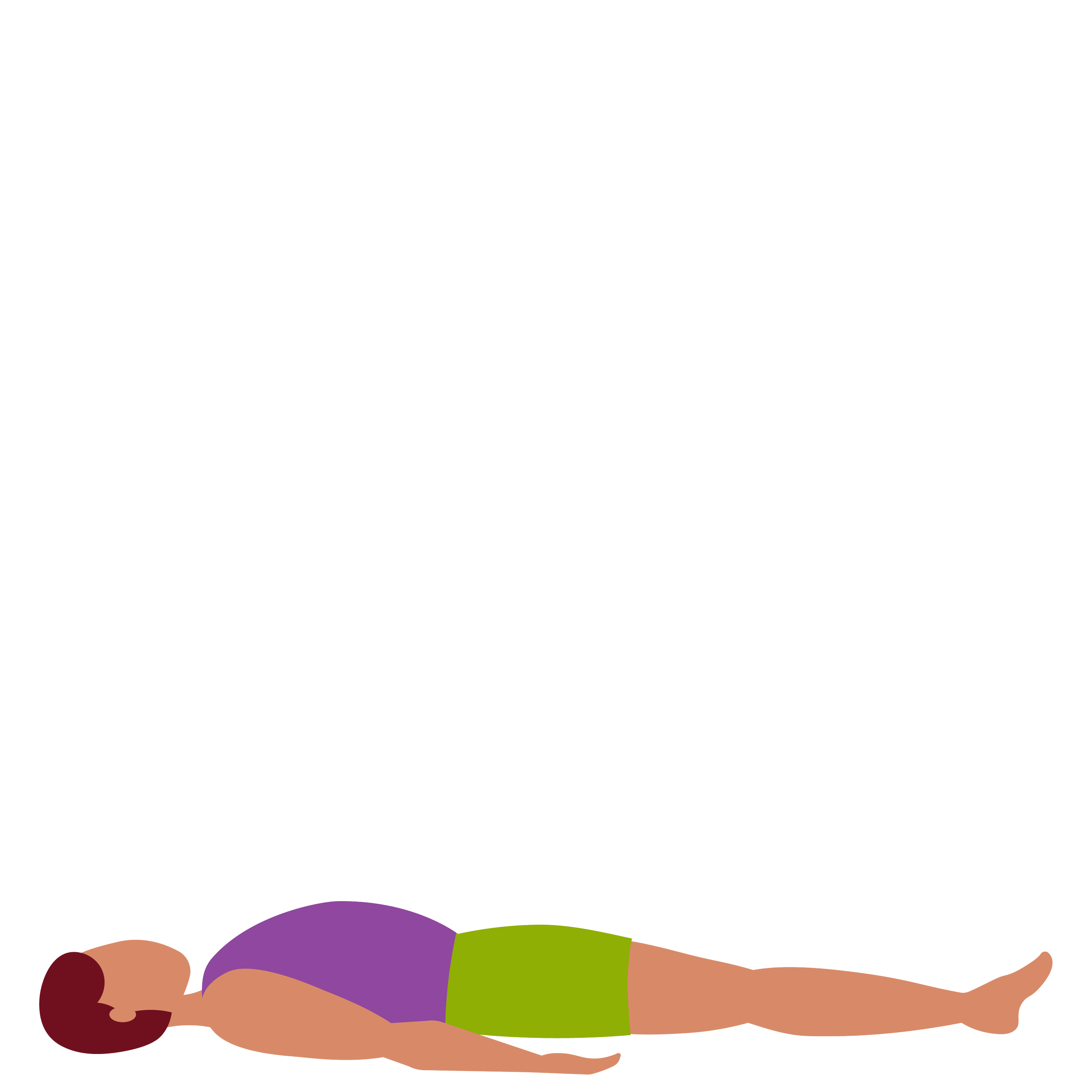 A person lying on their side with eyes closed, holding a brown object in one hand, wearing a green shirt and shorts, on a light-colored surface with purple and beige accents.