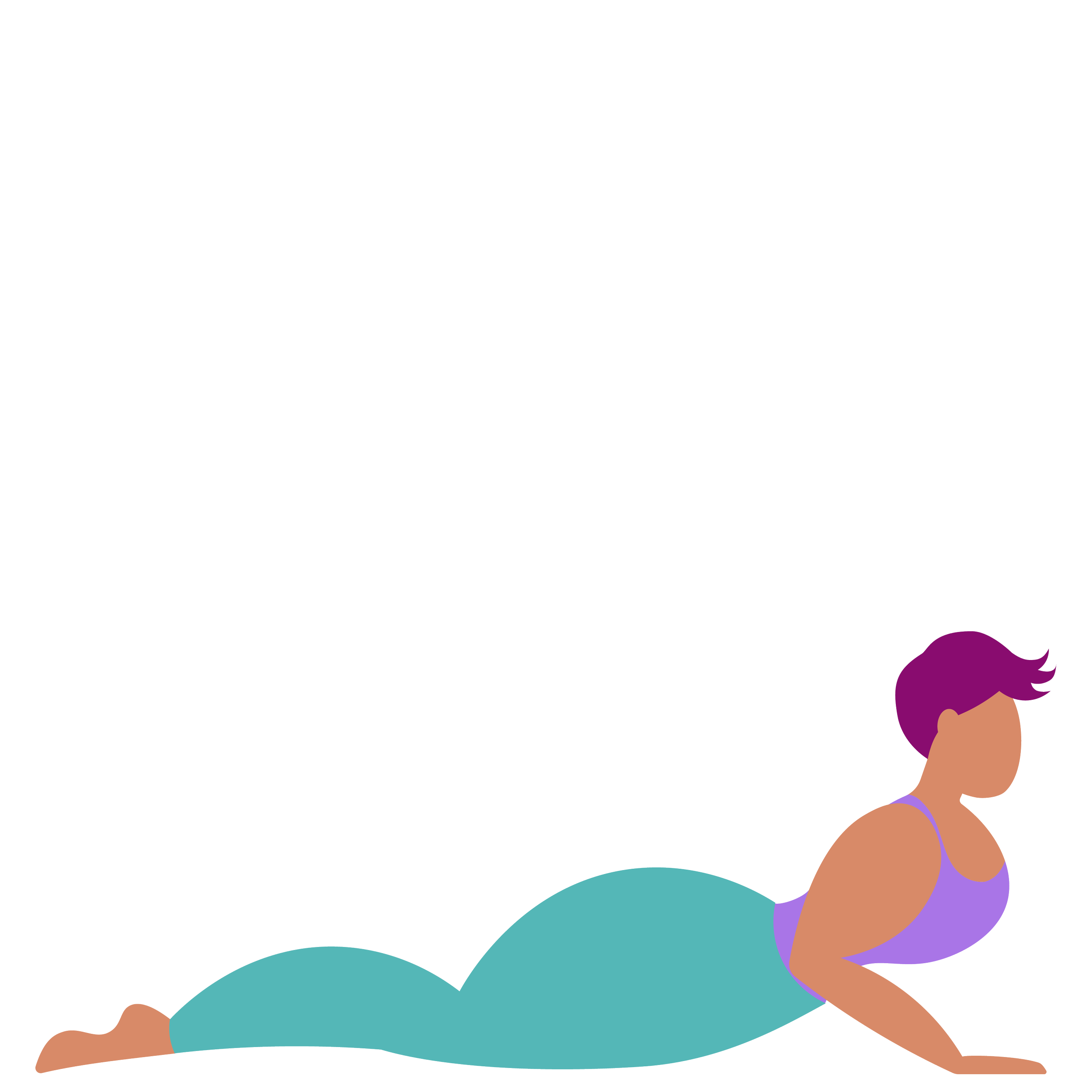Illustration of a woman with purple hair practicing yoga on a teal mat, wearing a purple sports bra and leggings, with abstract shapes in teal, purple, and peach in the background.