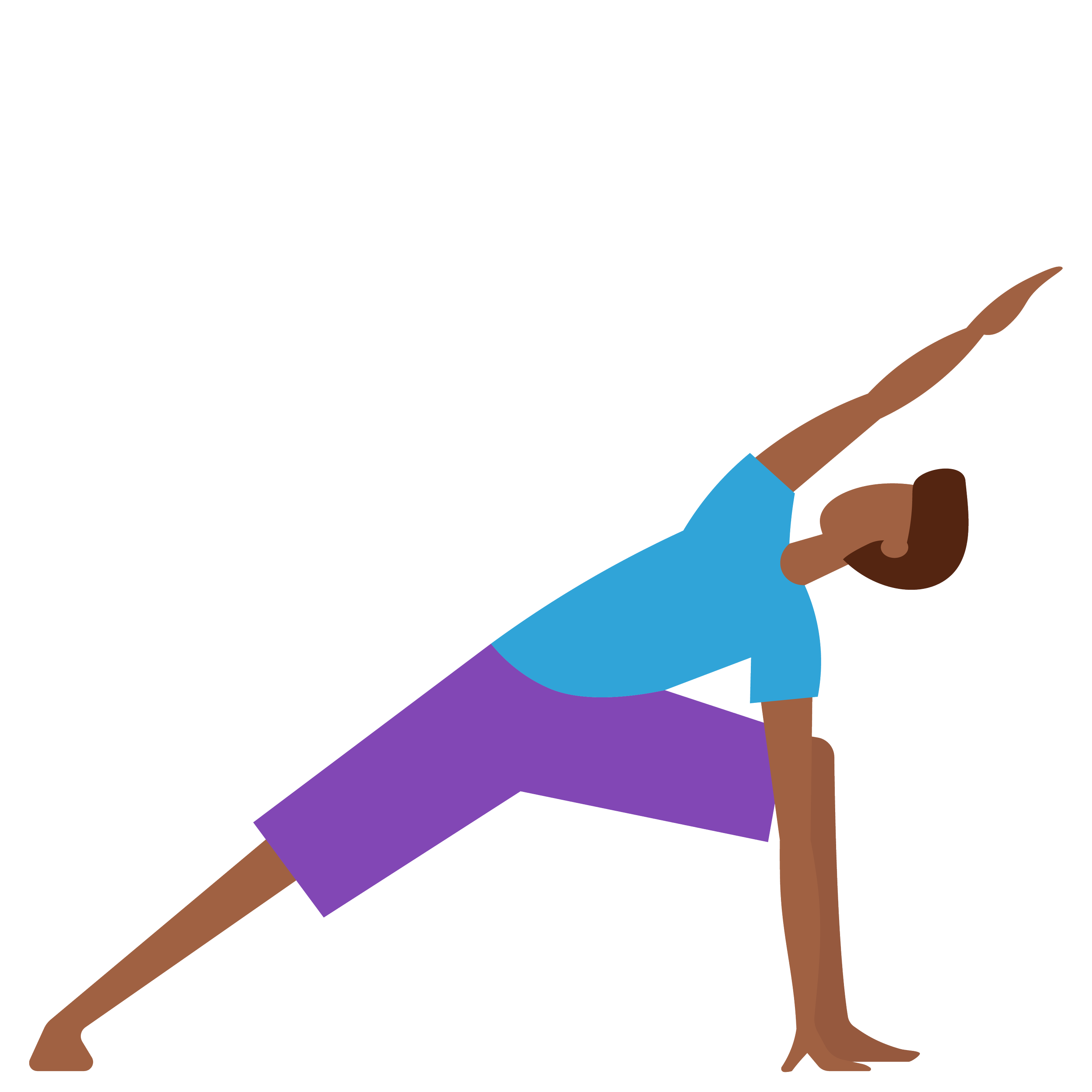 An illustration of a woman with dark skin and hair pulled back, wearing a blue top and purple pants, performing a yoga pose with one leg extended forward and both arms stretched out.
