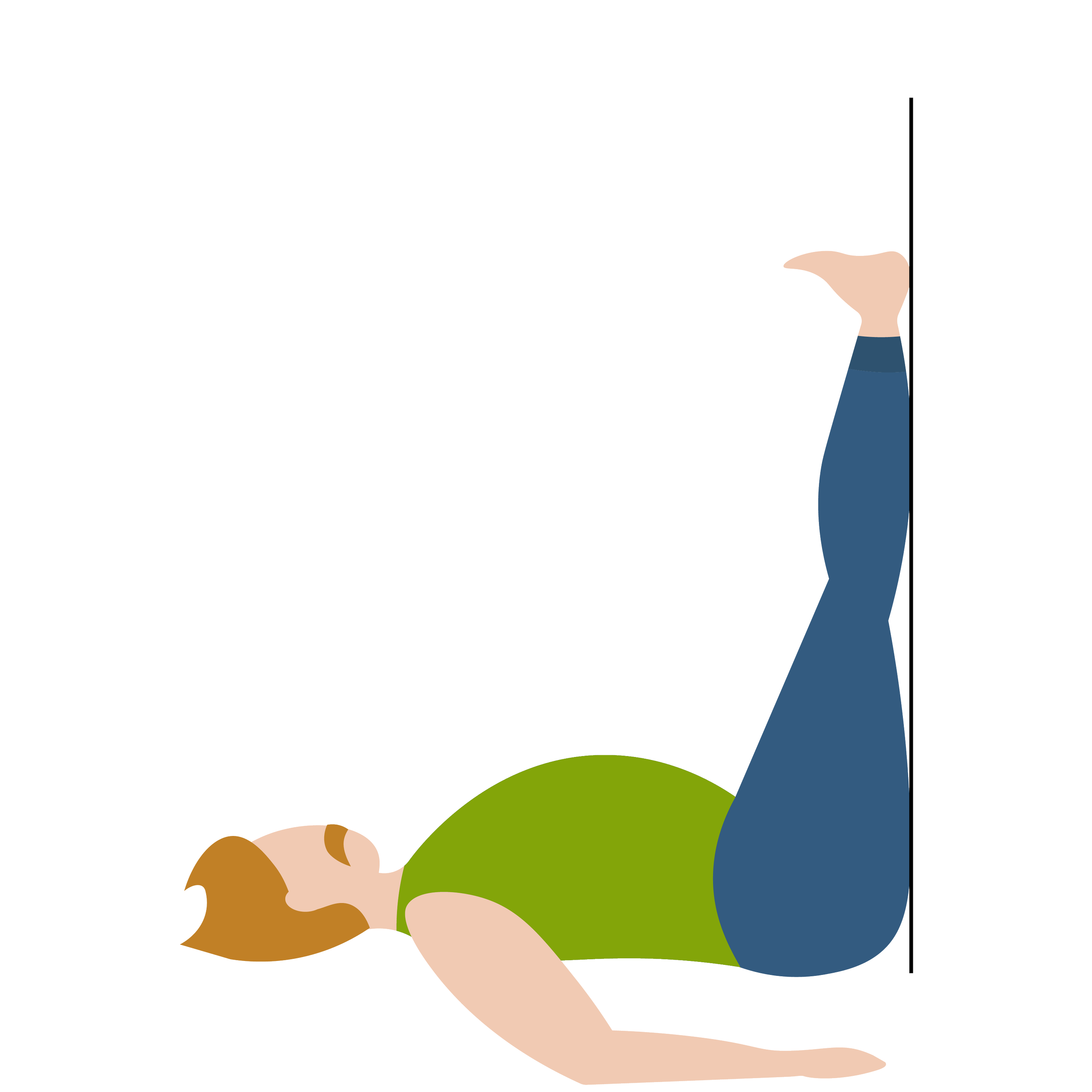 Drawing of a woman with brown hair, wearing a green dress, sitting on the ground with her legs extended and holding an object in her hand.