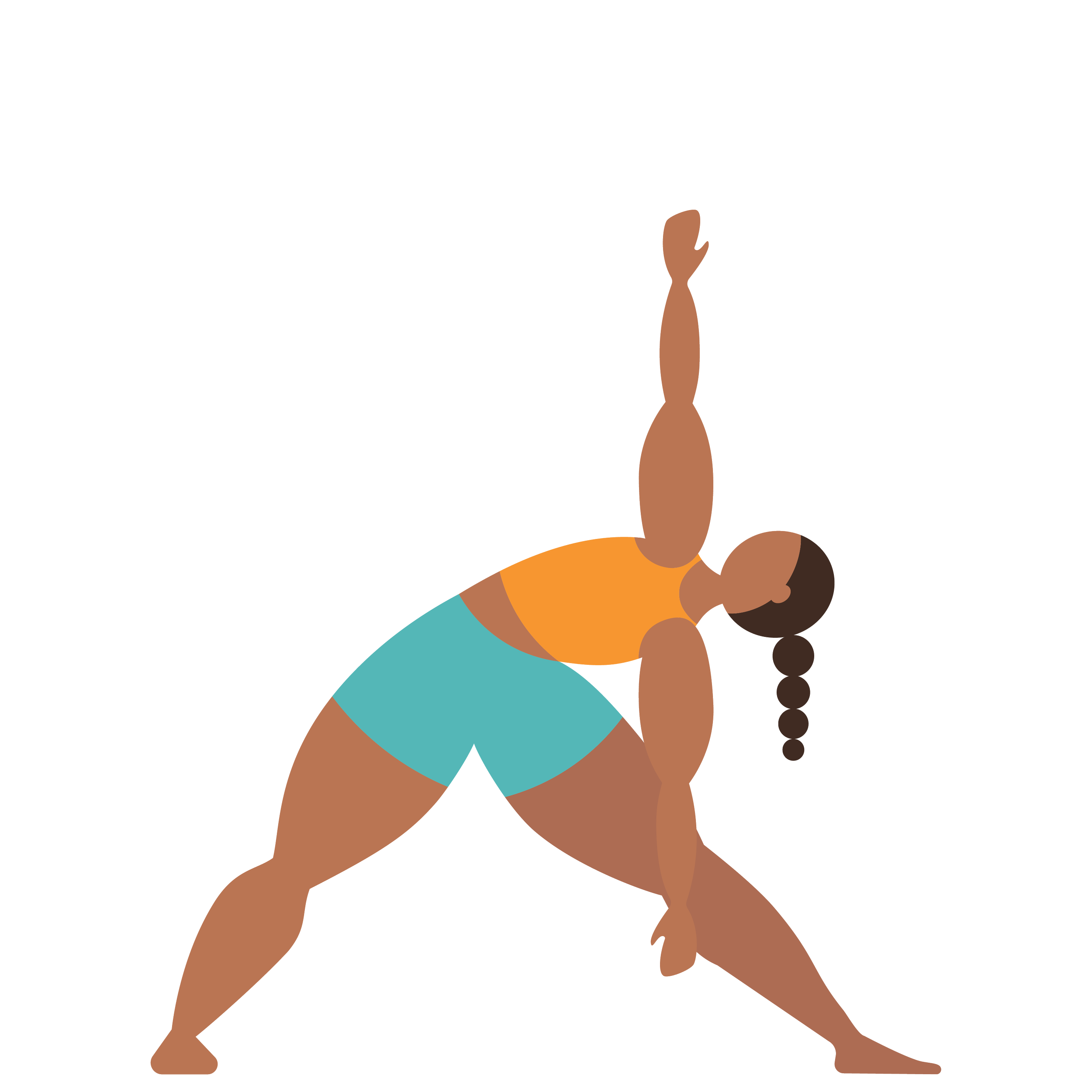 A stylized cartoon woman with dark skin and long dark braided hair, wearing a turquoise top and orange shorts, is performing a yoga pose with her arms raised above her head.