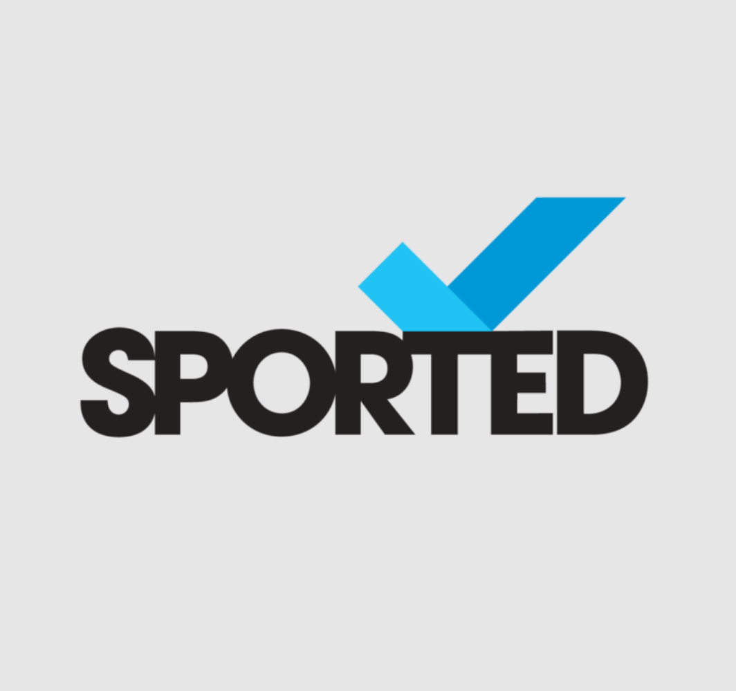 Logo with the word 'SPORTED' in bold black letters, featuring a blue upward arrow above the text.
