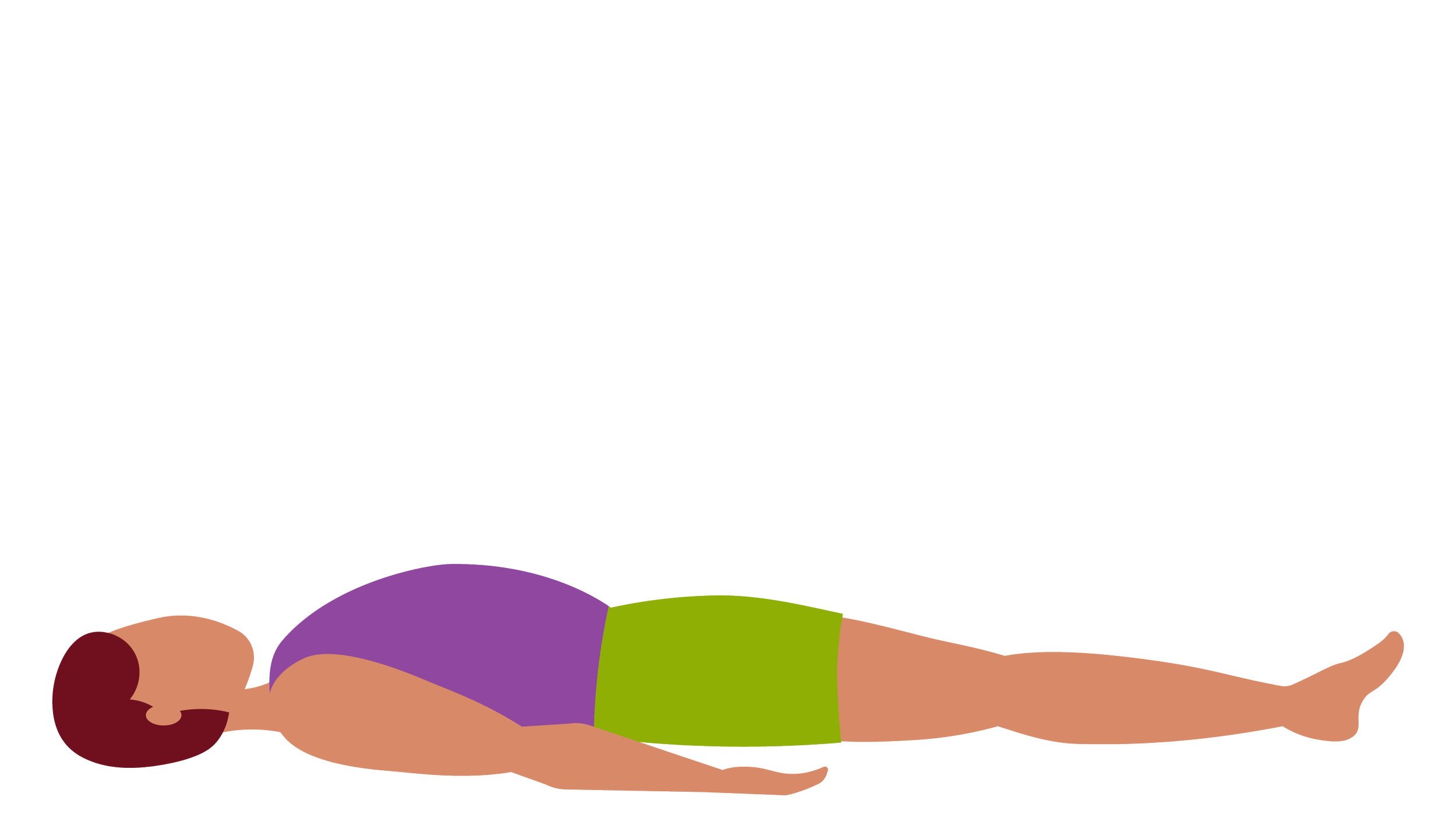 A person lying sideways on the floor in a yoga pose, with their legs extended and arms reaching forward.