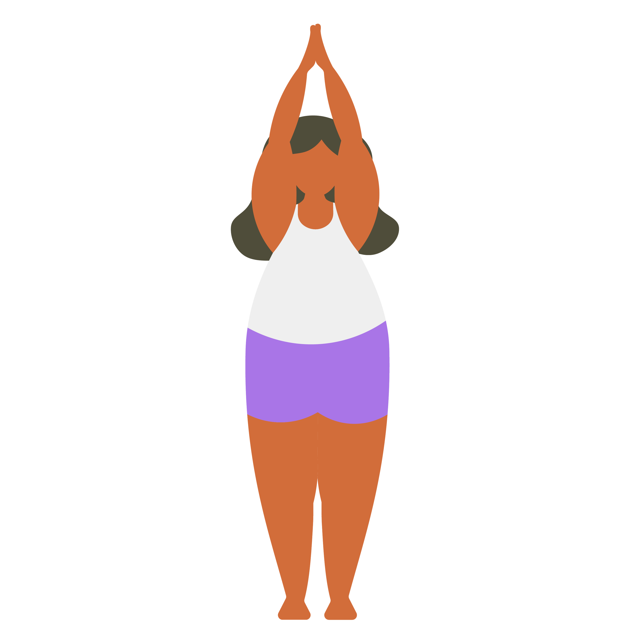 A stylized, abstract illustration of a person with their hands pressed together in a prayer or greeting position, facing forward, wearing a purple skirt and white top.